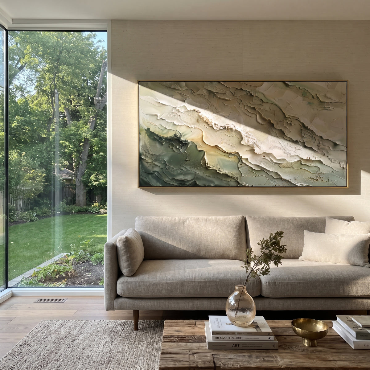 Sage Green Layered Surf Relief focuses on this hand-painted textured canvas features layered water movement, raised seafoam ridges, shoreline texture, and coastal color depth. The composition is described from the actual main image, so the visible subject, color balance, spacing, and surface movement stay specific to this product instead of reading like a batch title. Raised palette-knife layers, sculpted impasto ridges, softened brush transitions, and tactile handmade texture give the canvas