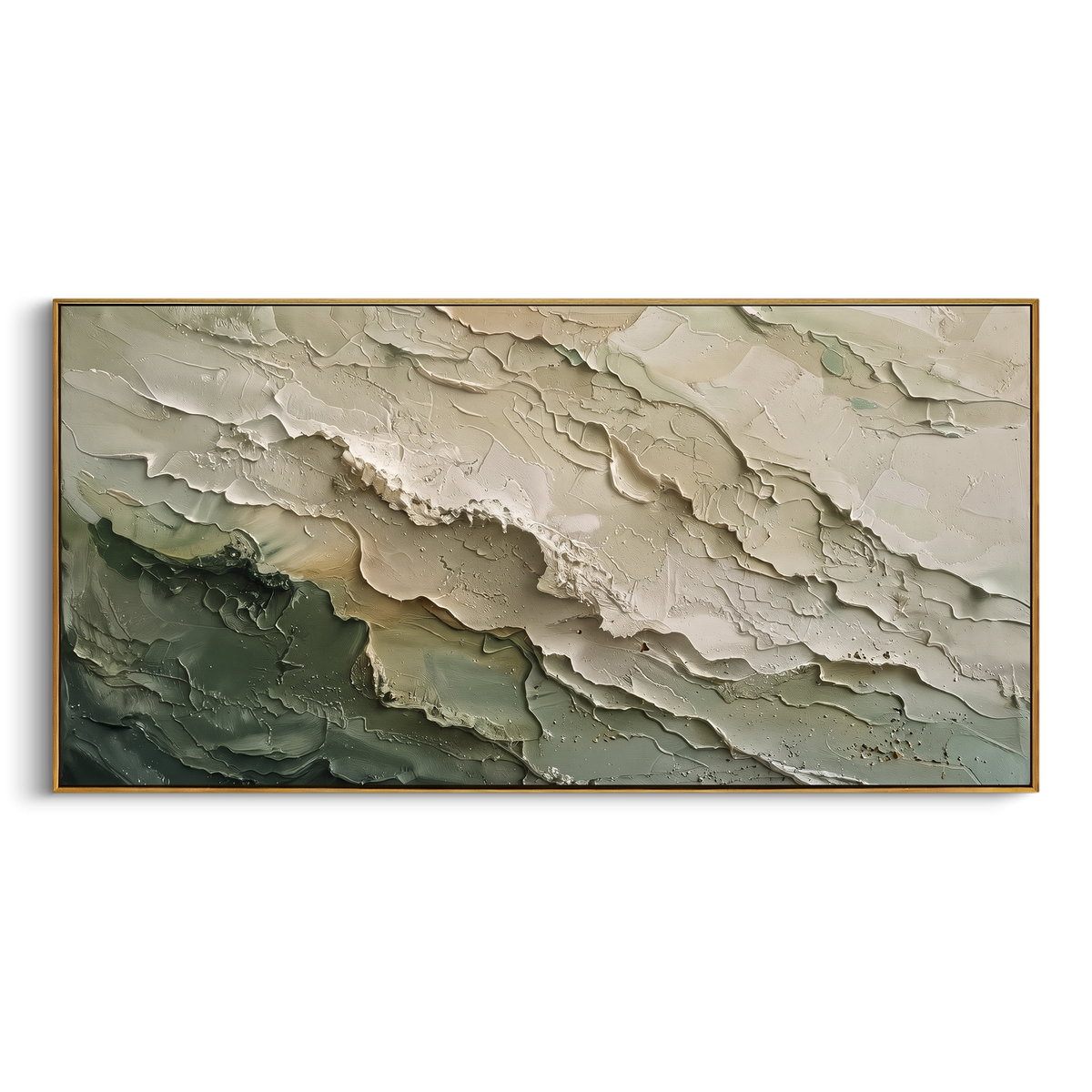 Sage Green Layered Surf Relief focuses on this hand-painted textured canvas features layered water movement, raised seafoam ridges, shoreline texture, and coastal color depth. The composition is described from the actual main image, so the visible subject, color balance, spacing, and surface movement stay specific to this product instead of reading like a batch title. Raised palette-knife layers, sculpted impasto ridges, softened brush transitions, and tactile handmade texture give the canvas