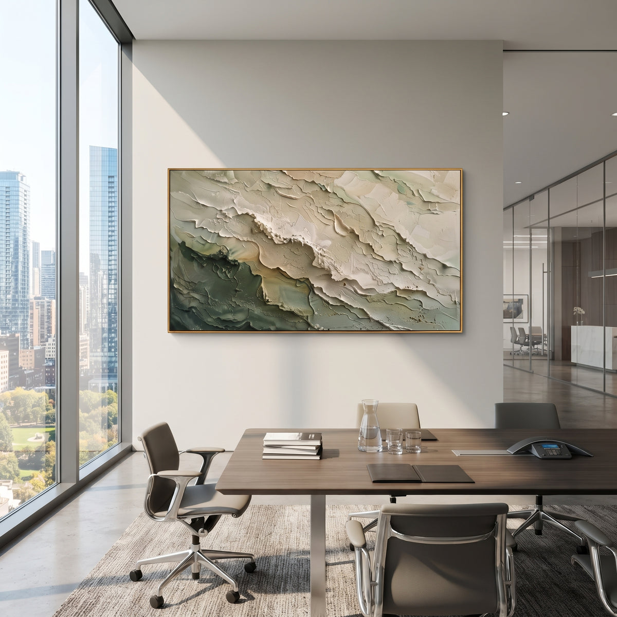 Sage Green Layered Surf Relief focuses on this hand-painted textured canvas features layered water movement, raised seafoam ridges, shoreline texture, and coastal color depth. The composition is described from the actual main image, so the visible subject, color balance, spacing, and surface movement stay specific to this product instead of reading like a batch title. Raised palette-knife layers, sculpted impasto ridges, softened brush transitions, and tactile handmade texture give the canvas