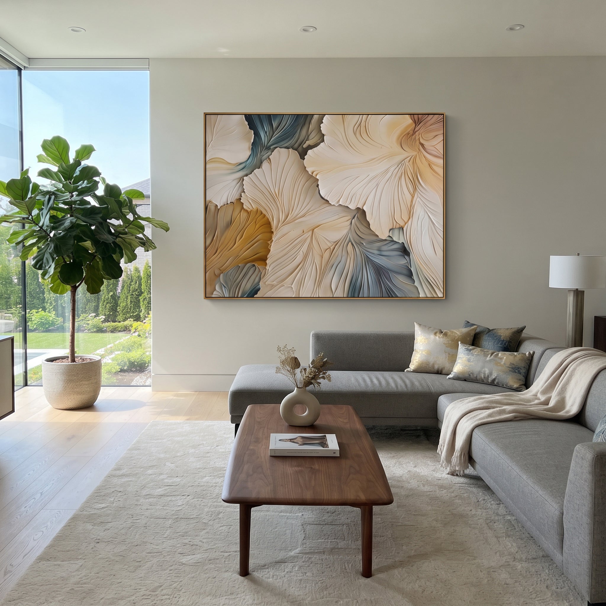 Cream Ginkgo Petal Relief focuses on this hand-painted textured canvas features sculpted petals, botanical contours, raised floral texture, and soft organic movement. The composition is described from the actual main image, so the visible subject, color balance, spacing, and surface movement stay specific to this product instead of reading like a batch title. Raised palette-knife layers, sculpted impasto ridges, softened brush transitions, and tactile handmade texture give the canvas dimensional
