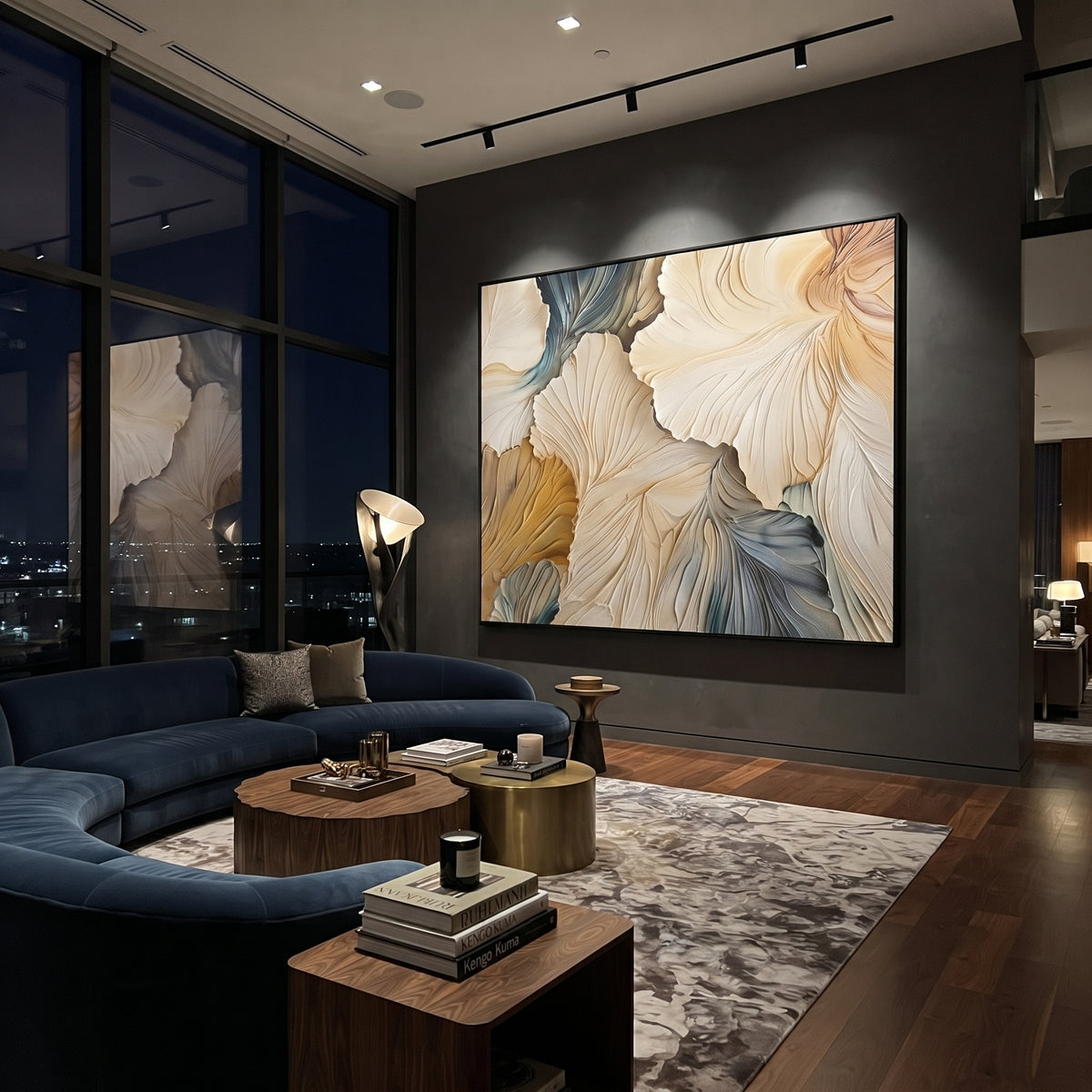 Cream Ginkgo Petal Relief focuses on this hand-painted textured canvas features sculpted petals, botanical contours, raised floral texture, and soft organic movement. The composition is described from the actual main image, so the visible subject, color balance, spacing, and surface movement stay specific to this product instead of reading like a batch title. Raised palette-knife layers, sculpted impasto ridges, softened brush transitions, and tactile handmade texture give the canvas dimensional