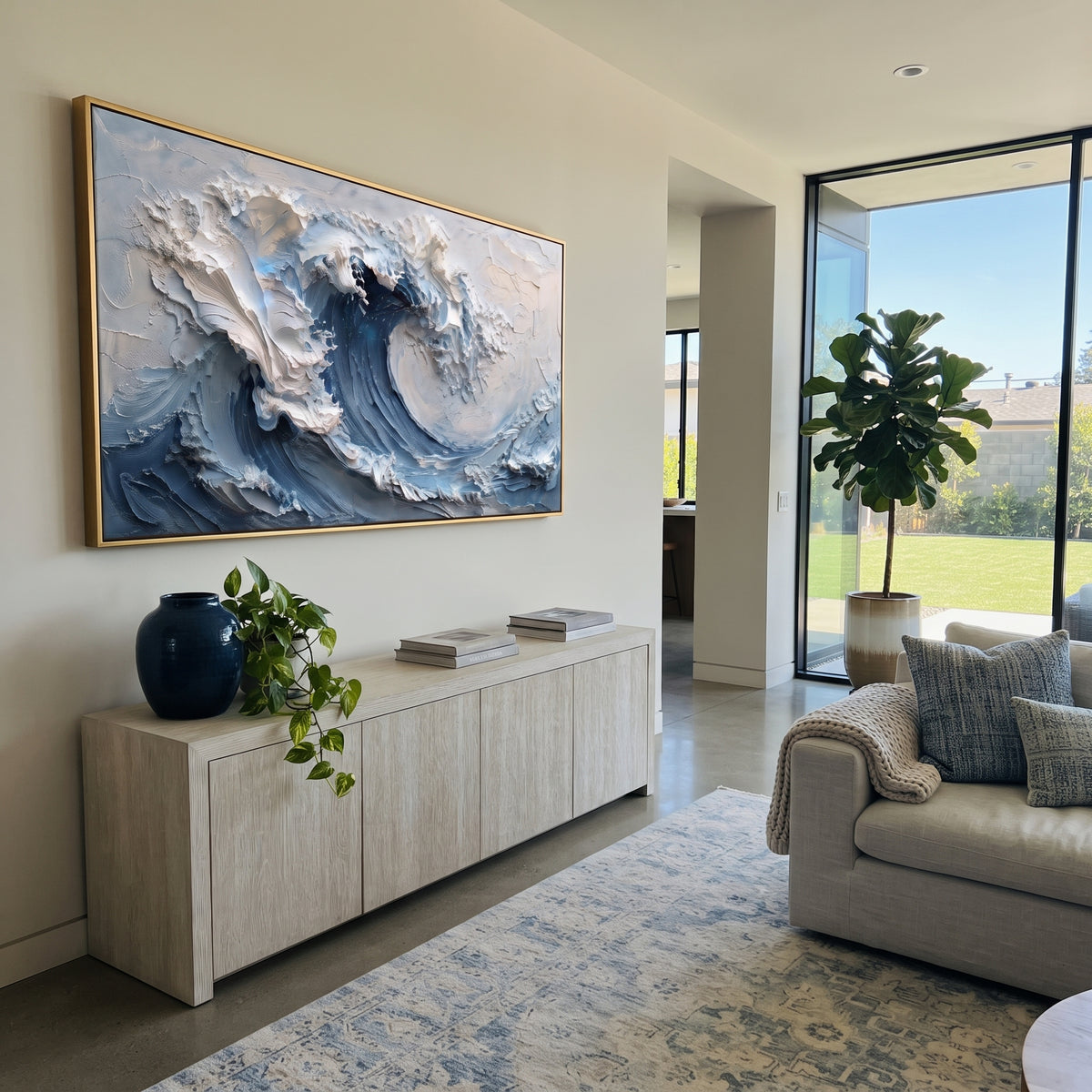 Deep Blue Crashing Wave focuses on this hand-painted textured canvas features layered water movement, raised seafoam ridges, shoreline texture, and coastal color depth. The composition is described from the actual main image, so the visible subject, color balance, spacing, and surface movement stay specific to this product instead of reading like a batch title. Raised palette-knife layers, sculpted impasto ridges, softened brush transitions, and tactile handmade texture give the canvas