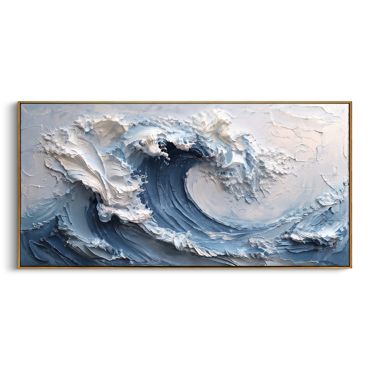 Deep Blue Crashing Wave focuses on this hand-painted textured canvas features layered water movement, raised seafoam ridges, shoreline texture, and coastal color depth. The composition is described from the actual main image, so the visible subject, color balance, spacing, and surface movement stay specific to this product instead of reading like a batch title. Raised palette-knife layers, sculpted impasto ridges, softened brush transitions, and tactile handmade texture give the canvas