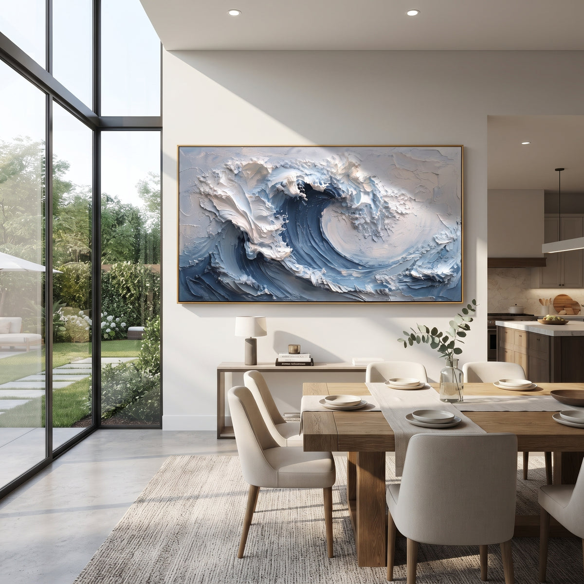 Deep Blue Crashing Wave focuses on this hand-painted textured canvas features layered water movement, raised seafoam ridges, shoreline texture, and coastal color depth. The composition is described from the actual main image, so the visible subject, color balance, spacing, and surface movement stay specific to this product instead of reading like a batch title. Raised palette-knife layers, sculpted impasto ridges, softened brush transitions, and tactile handmade texture give the canvas