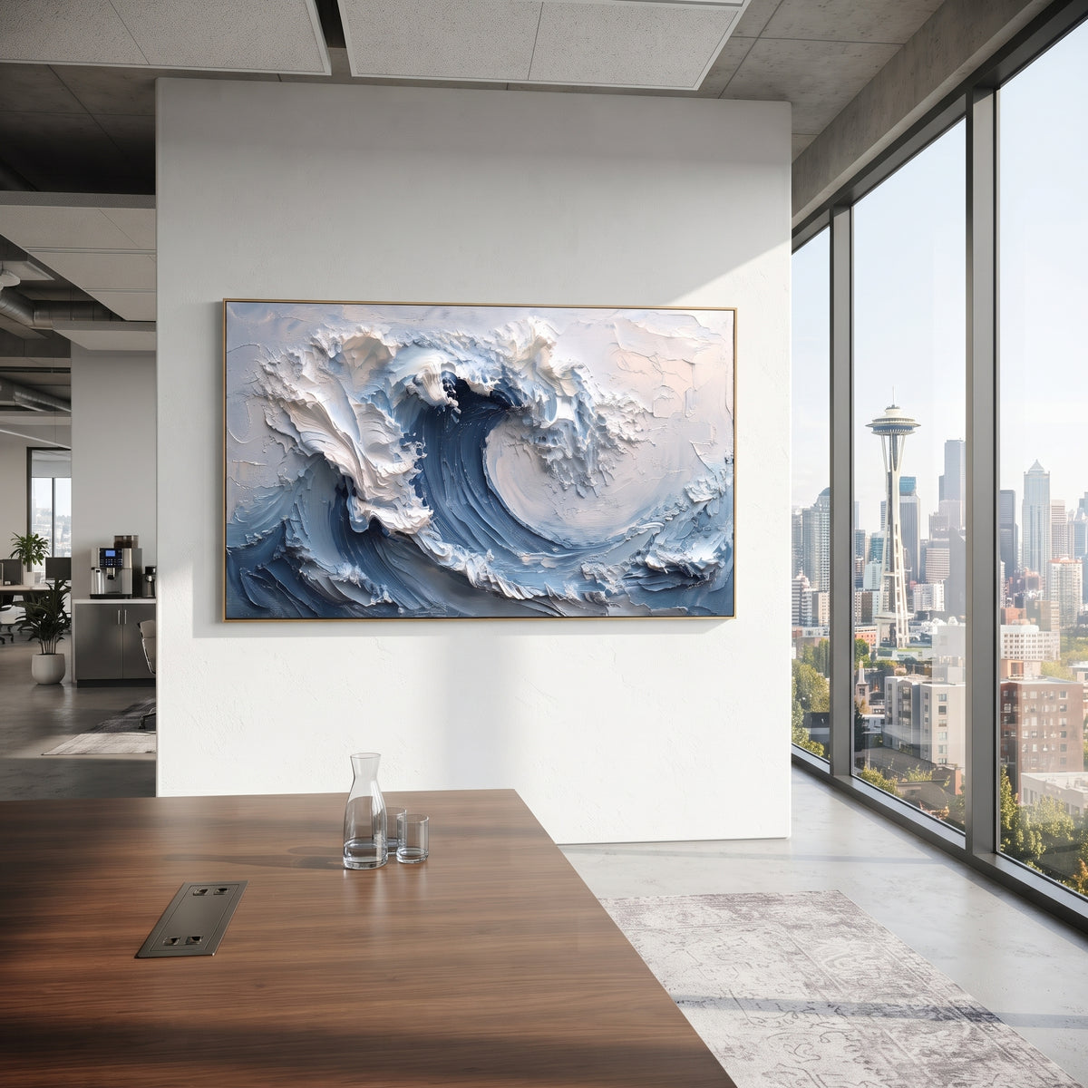 Deep Blue Crashing Wave focuses on this hand-painted textured canvas features layered water movement, raised seafoam ridges, shoreline texture, and coastal color depth. The composition is described from the actual main image, so the visible subject, color balance, spacing, and surface movement stay specific to this product instead of reading like a batch title. Raised palette-knife layers, sculpted impasto ridges, softened brush transitions, and tactile handmade texture give the canvas