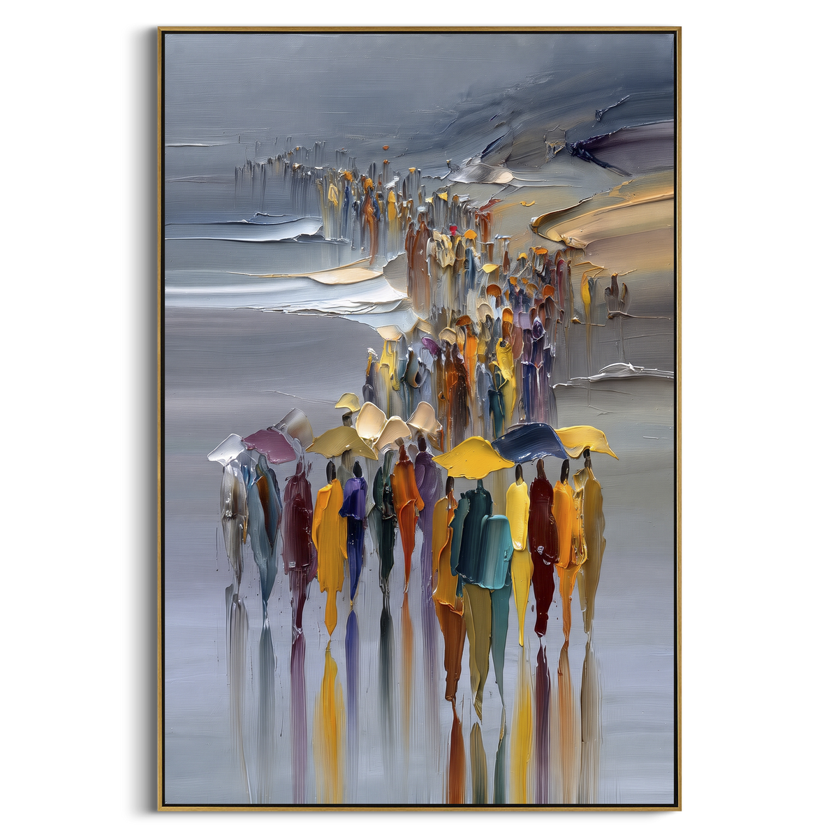 Rainy Crowd Street focuses on this hand-painted textured canvas features human figures, softened movement, expressive color accents, and palette-knife surface texture. The composition is described from the actual main image, so the visible subject, color balance, spacing, and surface movement stay specific to this product instead of reading like a batch title. Raised palette-knife layers, sculpted impasto ridges, softened brush transitions, and tactile handmade texture give the canvas