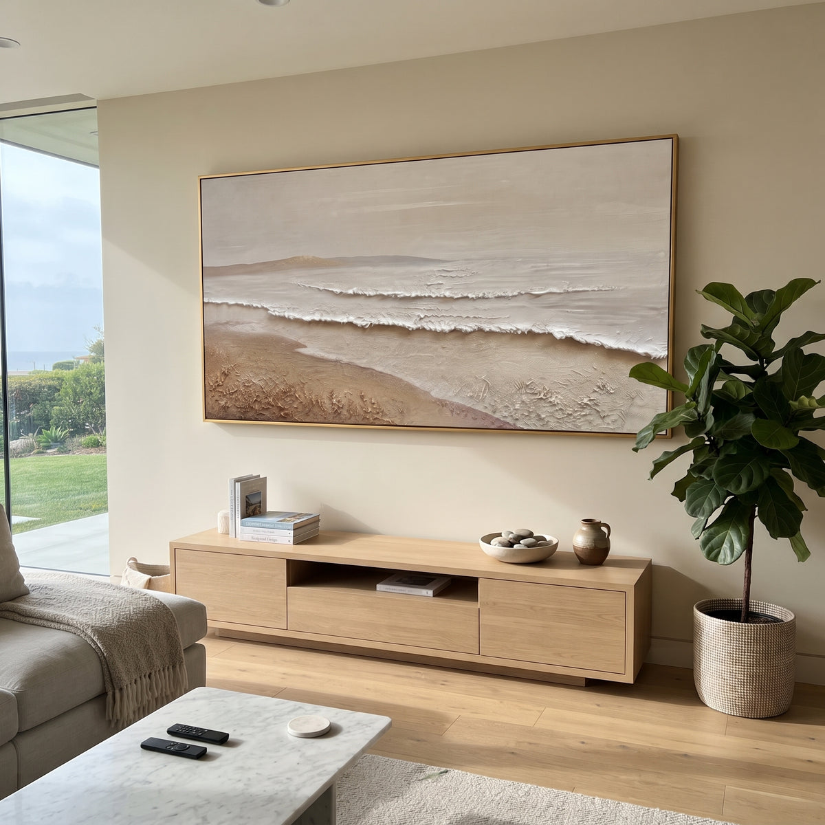 Calm Beige Beach Horizon focuses on this hand-painted textured canvas features layered water movement, raised seafoam ridges, shoreline texture, and coastal color depth. The composition is described from the actual main image, so the visible subject, color balance, spacing, and surface movement stay specific to this product instead of reading like a batch title. Raised palette-knife layers, sculpted impasto ridges, softened brush transitions, and tactile handmade texture give the canvas