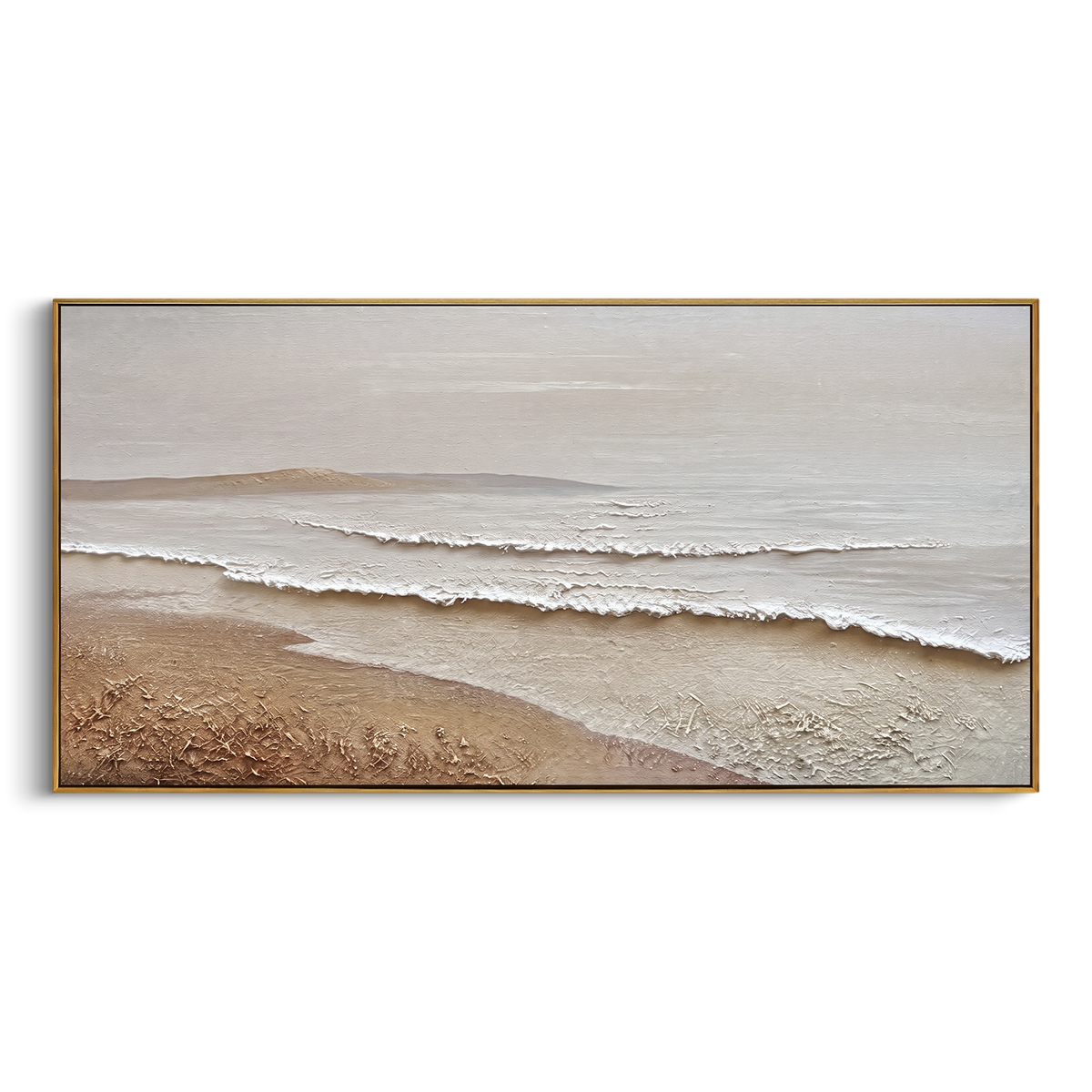 Calm Beige Beach Horizon focuses on this hand-painted textured canvas features layered water movement, raised seafoam ridges, shoreline texture, and coastal color depth. The composition is described from the actual main image, so the visible subject, color balance, spacing, and surface movement stay specific to this product instead of reading like a batch title. Raised palette-knife layers, sculpted impasto ridges, softened brush transitions, and tactile handmade texture give the canvas