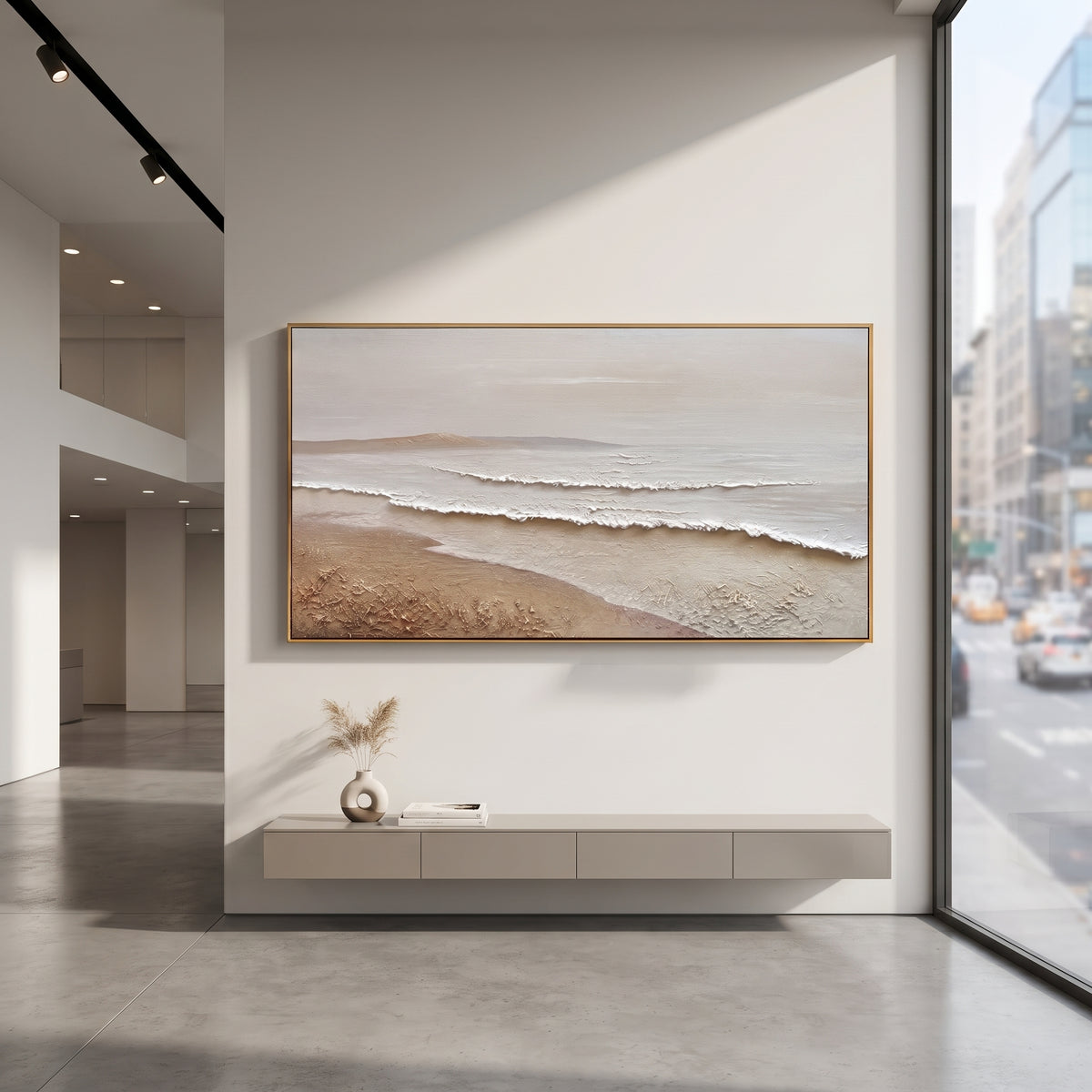 Calm Beige Beach Horizon focuses on this hand-painted textured canvas features layered water movement, raised seafoam ridges, shoreline texture, and coastal color depth. The composition is described from the actual main image, so the visible subject, color balance, spacing, and surface movement stay specific to this product instead of reading like a batch title. Raised palette-knife layers, sculpted impasto ridges, softened brush transitions, and tactile handmade texture give the canvas