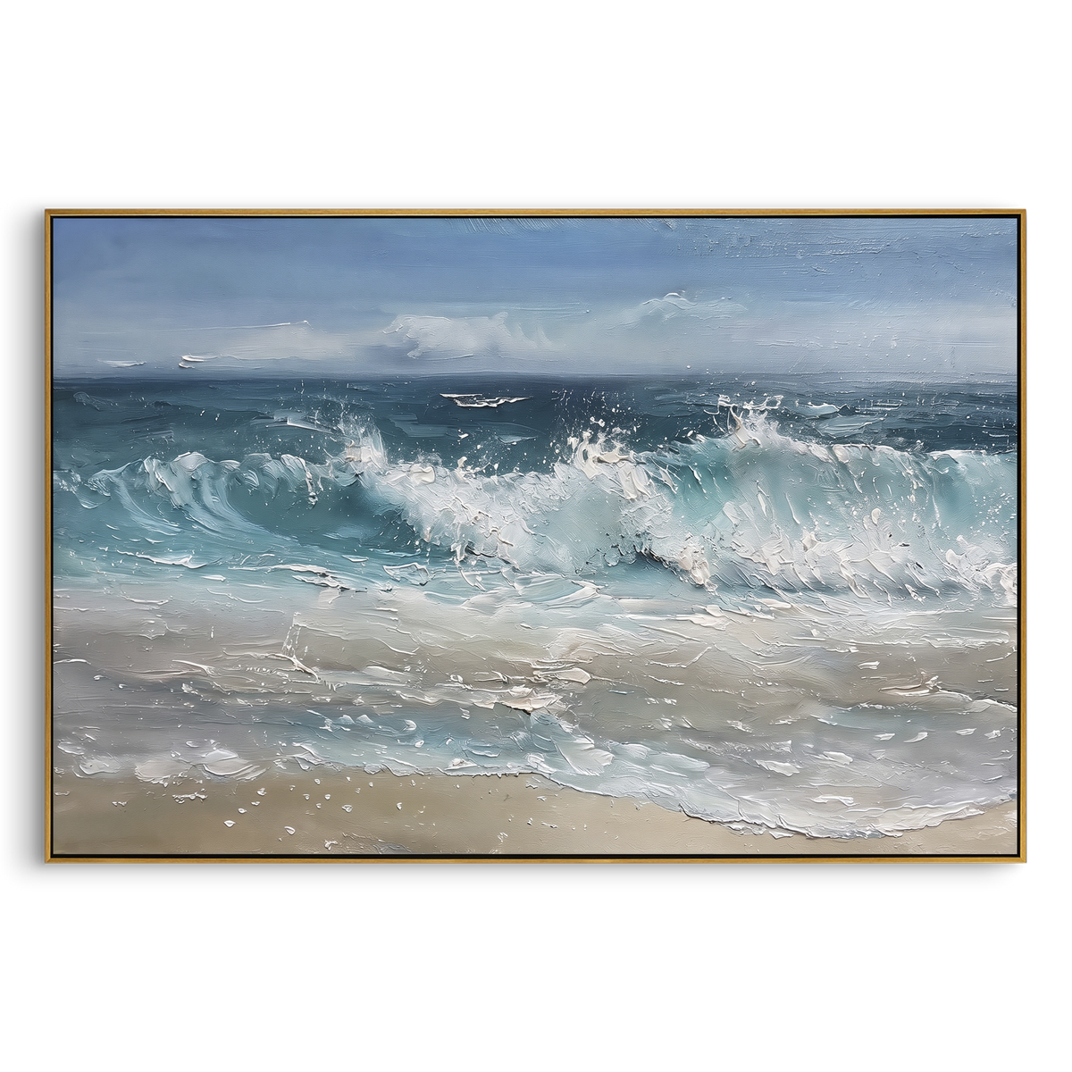 Blue Grey Rolling Surf focuses on this hand-painted textured canvas features layered water movement, raised seafoam ridges, shoreline texture, and coastal color depth. The composition is described from the actual main image, so the visible subject, color balance, spacing, and surface movement stay specific to this product instead of reading like a batch title. Raised palette-knife layers, sculpted impasto ridges, softened brush transitions, and tactile handmade texture give the canvas