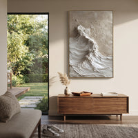 White Cresting Wave Relief focuses on this hand-painted textured canvas features layered water movement, raised seafoam ridges, shoreline texture, and coastal color depth. The title and description are matched to the actual main image, so the visible subject, color balance, spacing, and surface movement stay specific to this product instead of using a repeated batch phrase. Raised palette-knife layers, sculpted impasto ridges, softened brush transitions, and tactile handmade texture give the