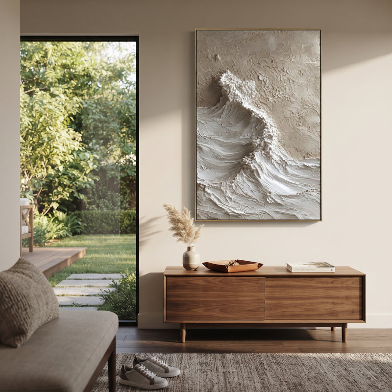 "White Cresting Wave Relief" - Modern Heavy Impasto Ocean Wave Seascape | Orange & Black Palette Knife Painting | Luxury Vertical Wall Art #PT 1900