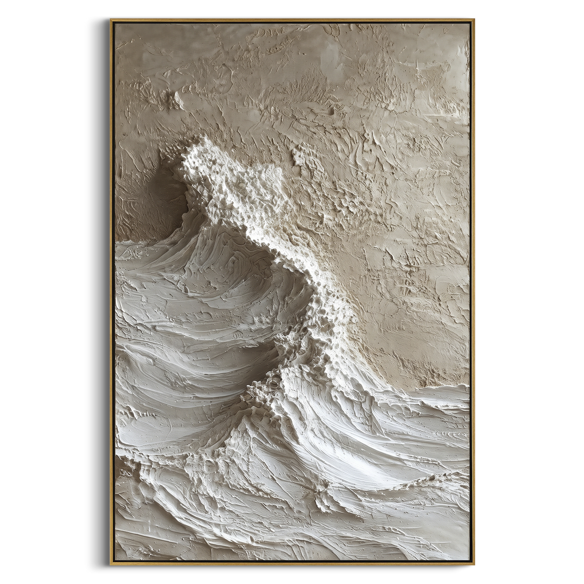 White Cresting Wave Relief focuses on this hand-painted textured canvas features layered water movement, raised seafoam ridges, shoreline texture, and coastal color depth. The title and description are matched to the actual main image, so the visible subject, color balance, spacing, and surface movement stay specific to this product instead of using a repeated batch phrase. Raised palette-knife layers, sculpted impasto ridges, softened brush transitions, and tactile handmade texture give the