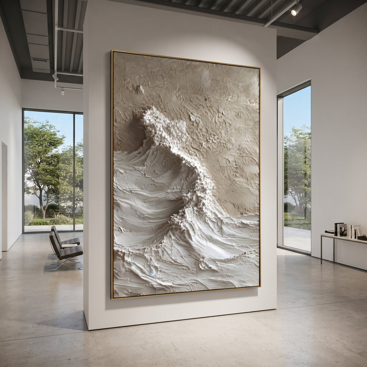White Cresting Wave Relief focuses on this hand-painted textured canvas features layered water movement, raised seafoam ridges, shoreline texture, and coastal color depth. The title and description are matched to the actual main image, so the visible subject, color balance, spacing, and surface movement stay specific to this product instead of using a repeated batch phrase. Raised palette-knife layers, sculpted impasto ridges, softened brush transitions, and tactile handmade texture give the