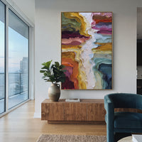Multicolor Abstract Plaster Path focuses on this hand-painted textured canvas features abstract forms, carved edges, layered plaster surfaces, and measured geometric movement. The composition is described from the actual main image, so the visible subject, color balance, spacing, and surface movement stay specific to this product instead of reading like a batch title. Raised palette-knife layers, sculpted impasto ridges, softened brush transitions, and tactile handmade texture give the canvas