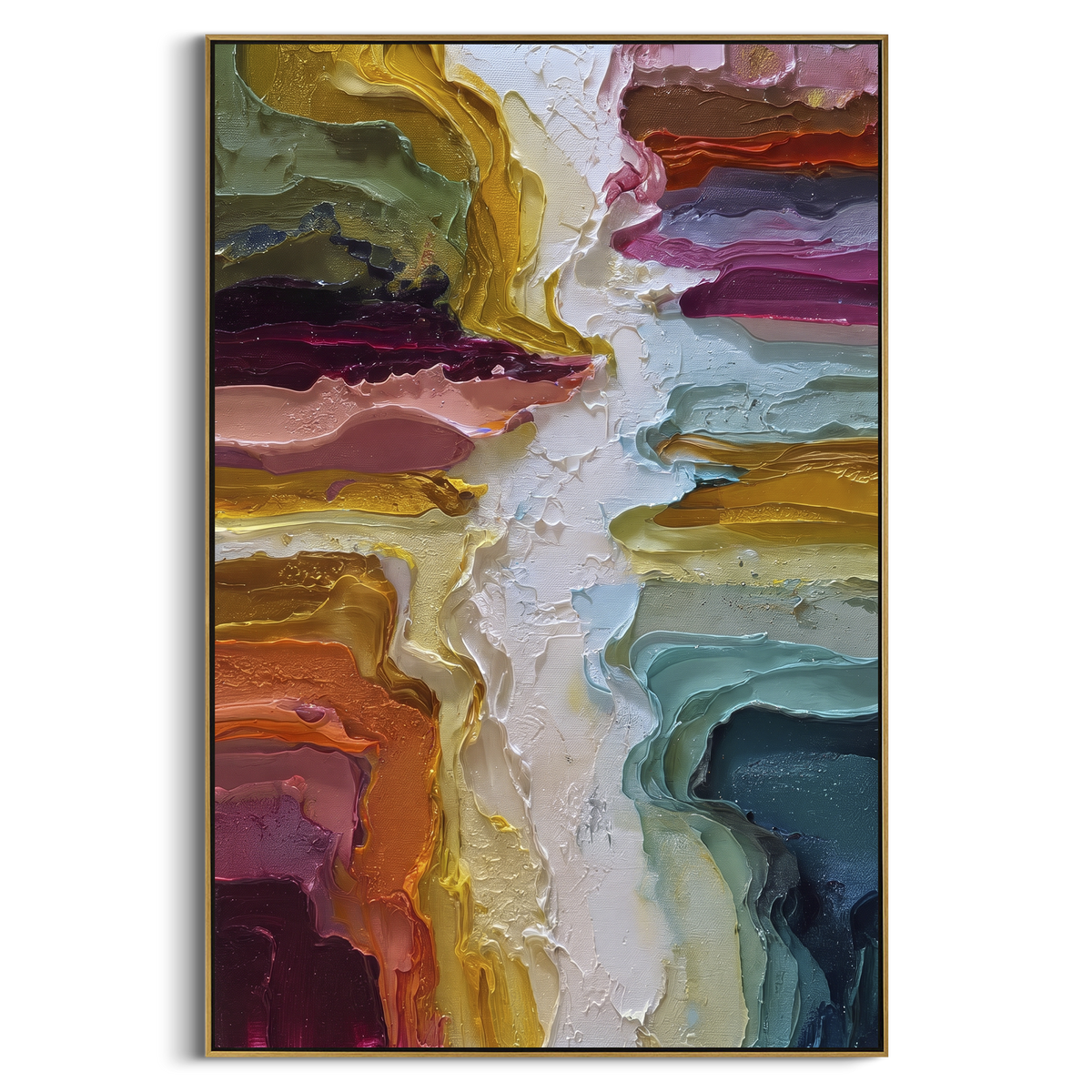 Multicolor Abstract Plaster Path focuses on this hand-painted textured canvas features abstract forms, carved edges, layered plaster surfaces, and measured geometric movement. The composition is described from the actual main image, so the visible subject, color balance, spacing, and surface movement stay specific to this product instead of reading like a batch title. Raised palette-knife layers, sculpted impasto ridges, softened brush transitions, and tactile handmade texture give the canvas
