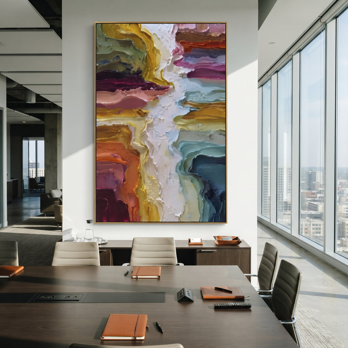 Multicolor Abstract Plaster Path focuses on this hand-painted textured canvas features abstract forms, carved edges, layered plaster surfaces, and measured geometric movement. The composition is described from the actual main image, so the visible subject, color balance, spacing, and surface movement stay specific to this product instead of reading like a batch title. Raised palette-knife layers, sculpted impasto ridges, softened brush transitions, and tactile handmade texture give the canvas