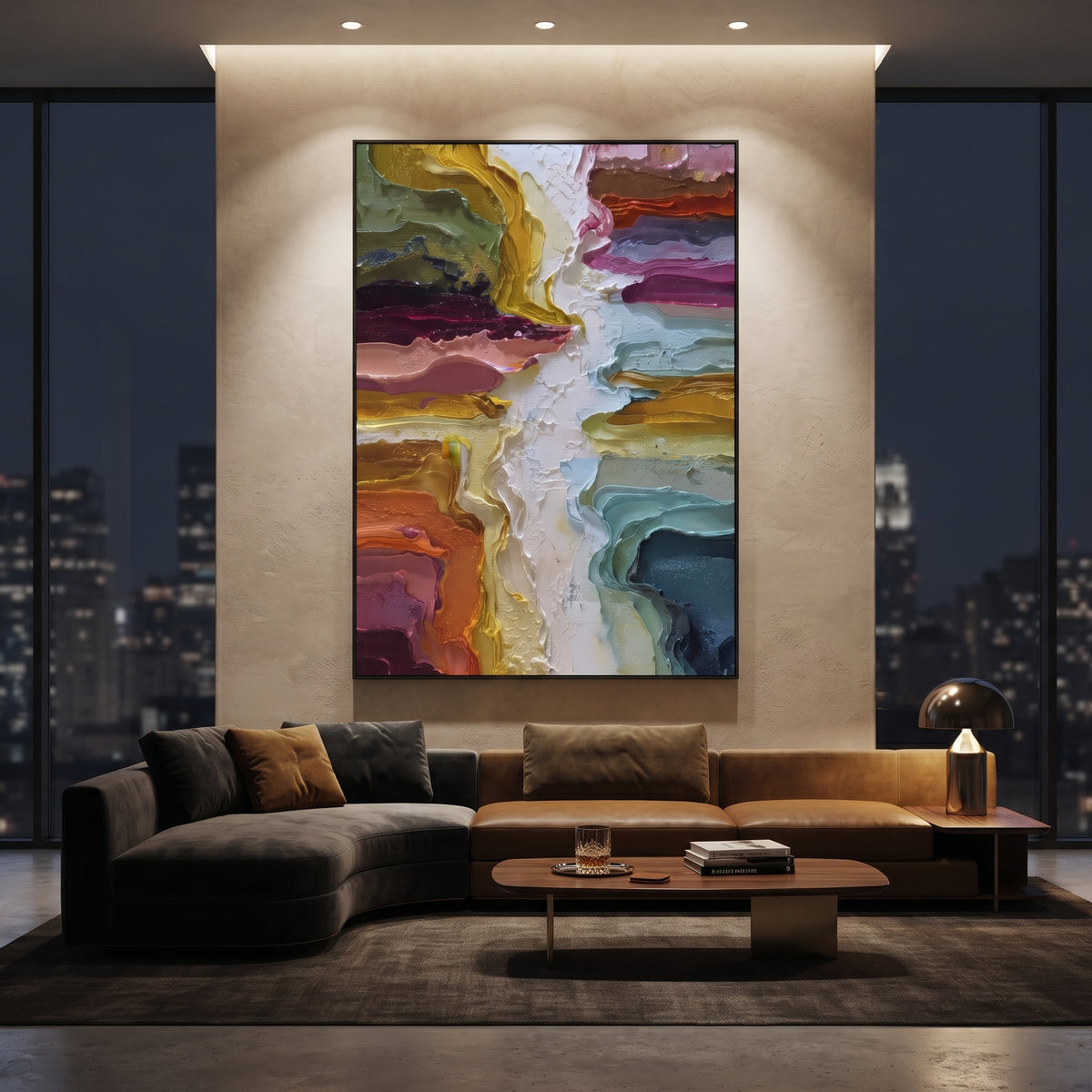 Multicolor Abstract Plaster Path focuses on this hand-painted textured canvas features abstract forms, carved edges, layered plaster surfaces, and measured geometric movement. The composition is described from the actual main image, so the visible subject, color balance, spacing, and surface movement stay specific to this product instead of reading like a batch title. Raised palette-knife layers, sculpted impasto ridges, softened brush transitions, and tactile handmade texture give the canvas