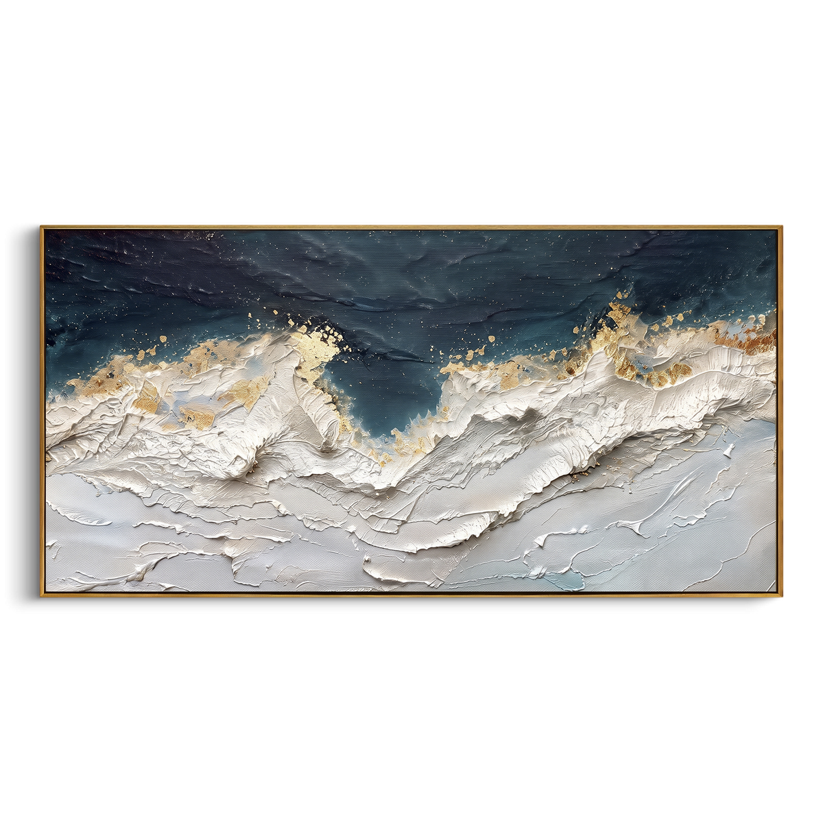 Dark Navy Gold Wave Relief focuses on this hand-painted textured canvas features layered water movement, raised seafoam ridges, shoreline texture, and coastal color depth. The composition is described from the actual main image, so the visible subject, color balance, spacing, and surface movement stay specific to this product instead of reading like a batch title. Raised palette-knife layers, sculpted impasto ridges, softened brush transitions, and tactile handmade texture give the canvas