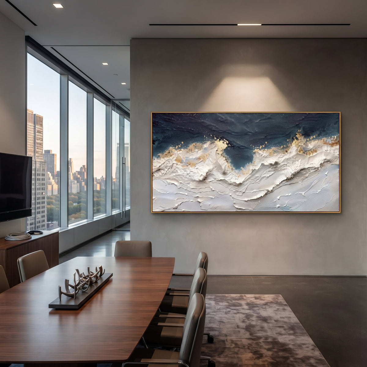 Dark Navy Gold Wave Relief focuses on this hand-painted textured canvas features layered water movement, raised seafoam ridges, shoreline texture, and coastal color depth. The composition is described from the actual main image, so the visible subject, color balance, spacing, and surface movement stay specific to this product instead of reading like a batch title. Raised palette-knife layers, sculpted impasto ridges, softened brush transitions, and tactile handmade texture give the canvas