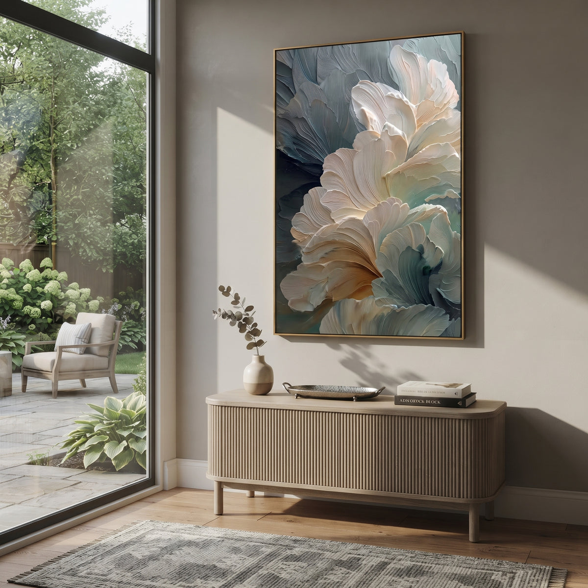 White Floral Bloom On Teal focuses on this hand-painted textured canvas features sculpted petals, botanical contours, raised floral texture, and soft organic movement. The composition is described from the actual main image, so the visible subject, color balance, spacing, and surface movement stay specific to this product instead of reading like a batch title. Raised palette-knife layers, sculpted impasto ridges, softened brush transitions, and tactile handmade texture give the canvas