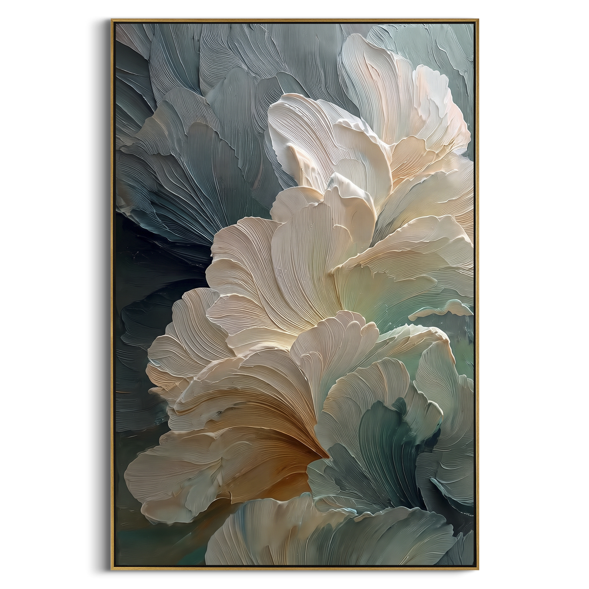 White Floral Bloom On Teal focuses on this hand-painted textured canvas features sculpted petals, botanical contours, raised floral texture, and soft organic movement. The composition is described from the actual main image, so the visible subject, color balance, spacing, and surface movement stay specific to this product instead of reading like a batch title. Raised palette-knife layers, sculpted impasto ridges, softened brush transitions, and tactile handmade texture give the canvas