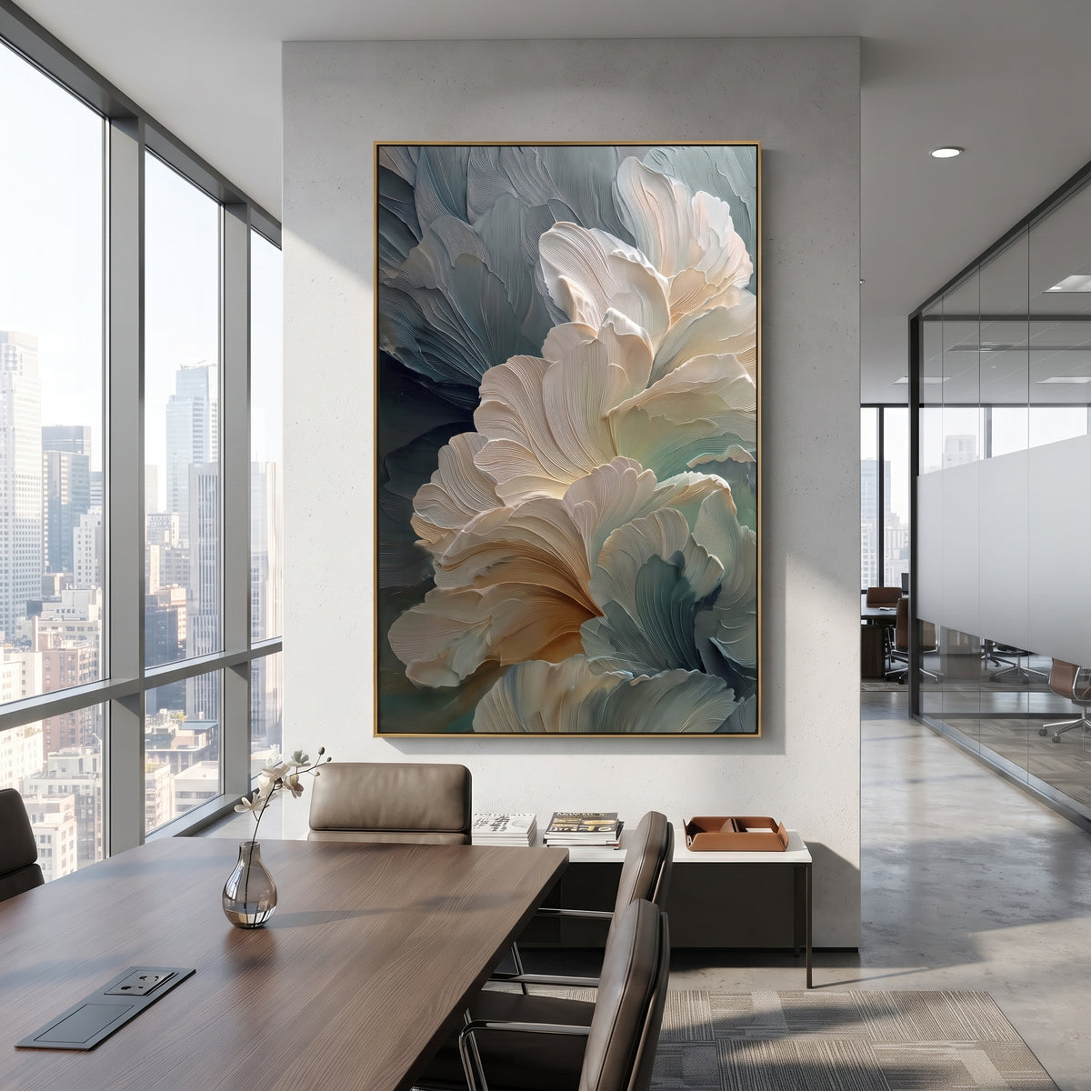White Floral Bloom On Teal focuses on this hand-painted textured canvas features sculpted petals, botanical contours, raised floral texture, and soft organic movement. The composition is described from the actual main image, so the visible subject, color balance, spacing, and surface movement stay specific to this product instead of reading like a batch title. Raised palette-knife layers, sculpted impasto ridges, softened brush transitions, and tactile handmade texture give the canvas