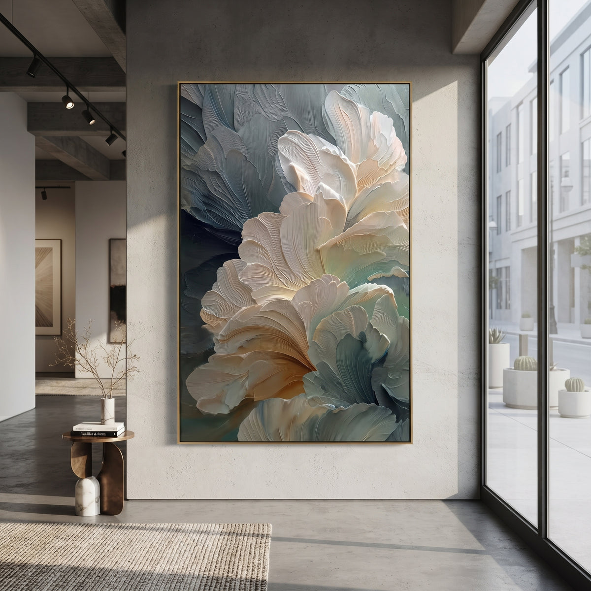 White Floral Bloom On Teal focuses on this hand-painted textured canvas features sculpted petals, botanical contours, raised floral texture, and soft organic movement. The composition is described from the actual main image, so the visible subject, color balance, spacing, and surface movement stay specific to this product instead of reading like a batch title. Raised palette-knife layers, sculpted impasto ridges, softened brush transitions, and tactile handmade texture give the canvas