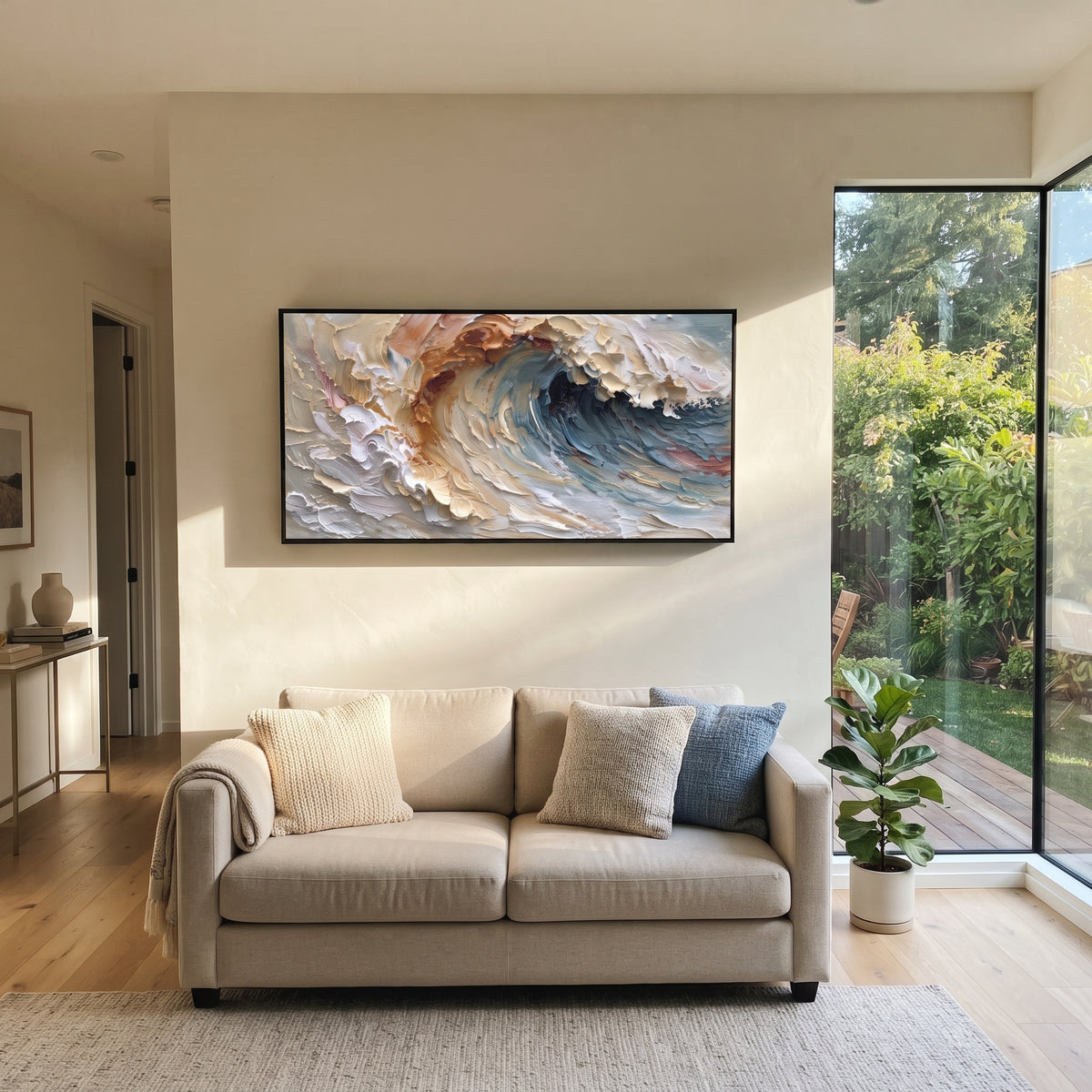 Pastel Curling Ocean Wave focuses on this hand-painted textured canvas features layered water movement, raised seafoam ridges, shoreline texture, and coastal color depth. The composition is described from the actual main image, so the visible subject, color balance, spacing, and surface movement stay specific to this product instead of reading like a batch title. Raised palette-knife layers, sculpted impasto ridges, softened brush transitions, and tactile handmade texture give the canvas