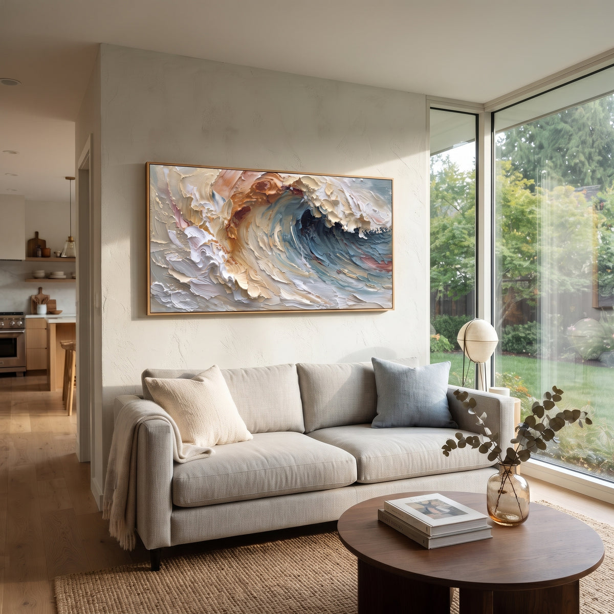 Pastel Curling Ocean Wave focuses on this hand-painted textured canvas features layered water movement, raised seafoam ridges, shoreline texture, and coastal color depth. The composition is described from the actual main image, so the visible subject, color balance, spacing, and surface movement stay specific to this product instead of reading like a batch title. Raised palette-knife layers, sculpted impasto ridges, softened brush transitions, and tactile handmade texture give the canvas