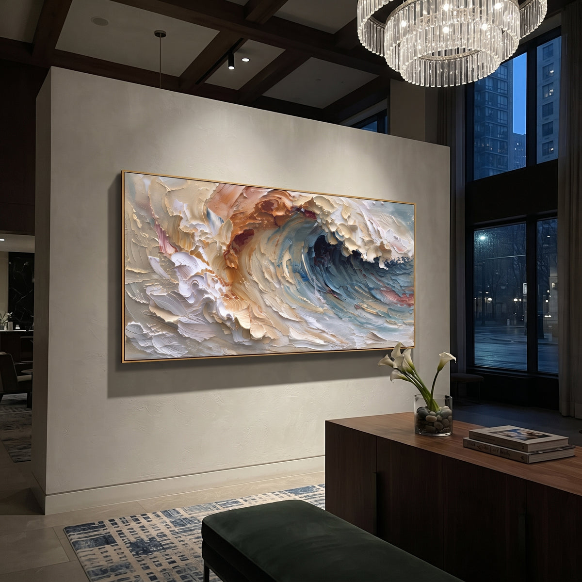 Pastel Curling Ocean Wave focuses on this hand-painted textured canvas features layered water movement, raised seafoam ridges, shoreline texture, and coastal color depth. The composition is described from the actual main image, so the visible subject, color balance, spacing, and surface movement stay specific to this product instead of reading like a batch title. Raised palette-knife layers, sculpted impasto ridges, softened brush transitions, and tactile handmade texture give the canvas