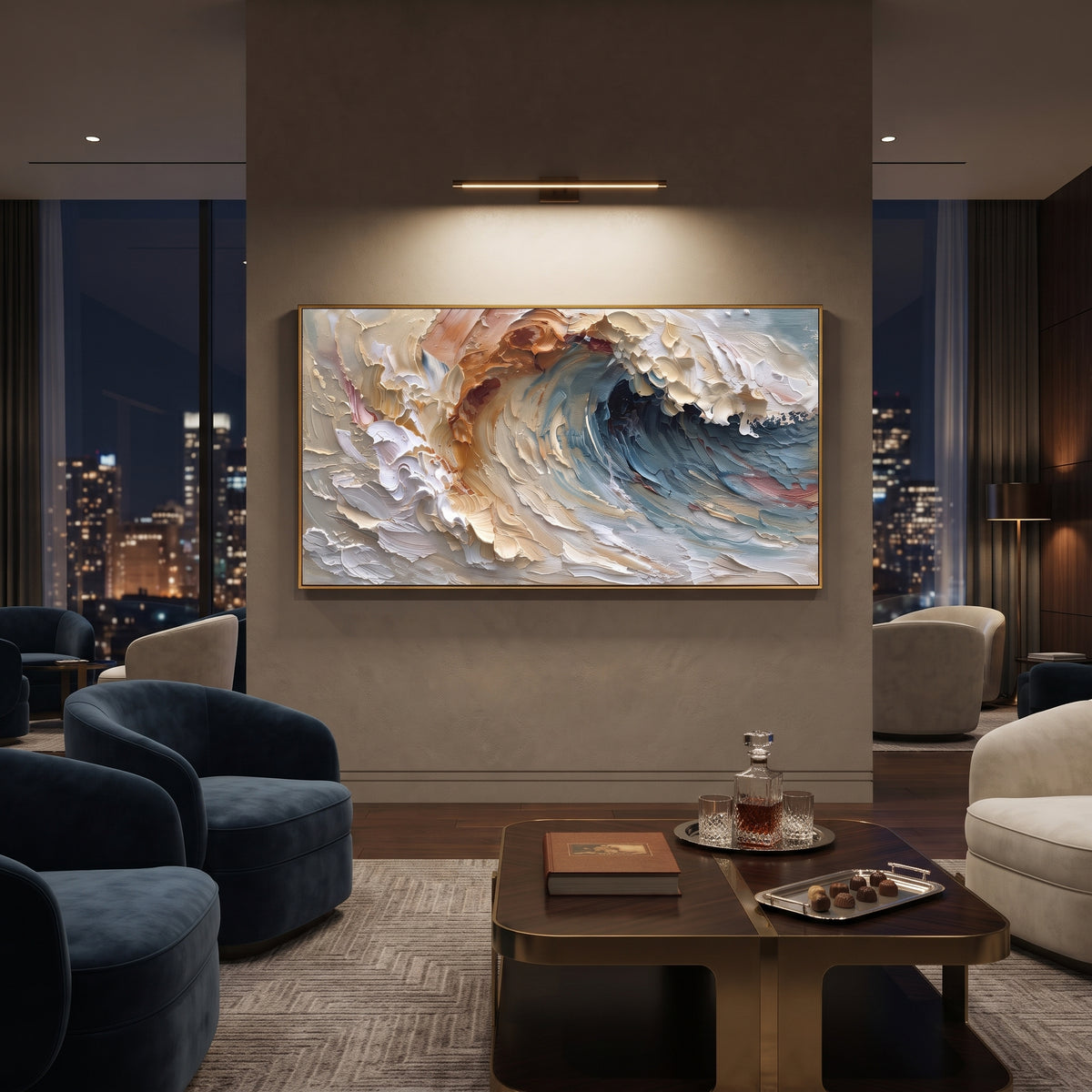 Pastel Curling Ocean Wave focuses on this hand-painted textured canvas features layered water movement, raised seafoam ridges, shoreline texture, and coastal color depth. The composition is described from the actual main image, so the visible subject, color balance, spacing, and surface movement stay specific to this product instead of reading like a batch title. Raised palette-knife layers, sculpted impasto ridges, softened brush transitions, and tactile handmade texture give the canvas