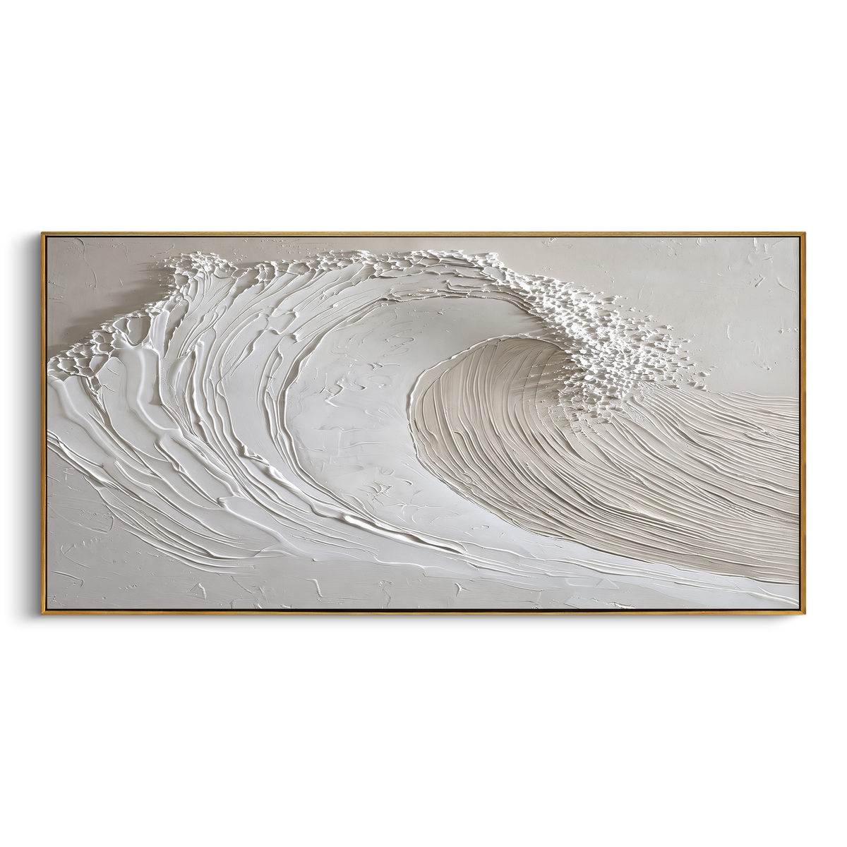 White Minimal Crest Wave Relief focuses on this hand-painted textured canvas features layered water movement, raised seafoam ridges, shoreline texture, and coastal color depth. The composition is described from the actual main image, so the visible subject, color balance, spacing, and surface movement stay specific to this product instead of reading like a batch title. Raised palette-knife layers, sculpted impasto ridges, softened brush transitions, and tactile handmade texture give the canvas