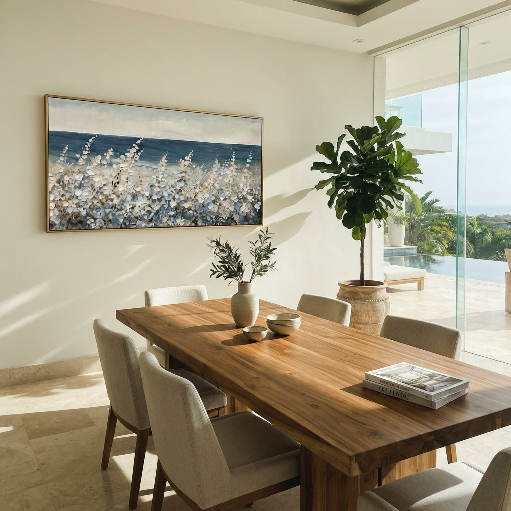 Sea Daisies Horizon focuses on this hand-painted textured canvas features layered water movement, raised seafoam ridges, shoreline texture, and coastal color depth. The composition is described from the actual main image, so the visible subject, color balance, spacing, and surface movement stay specific to this product instead of reading like a batch title. Raised palette-knife layers, sculpted impasto ridges, softened brush transitions, and tactile handmade texture give the canvas dimensional