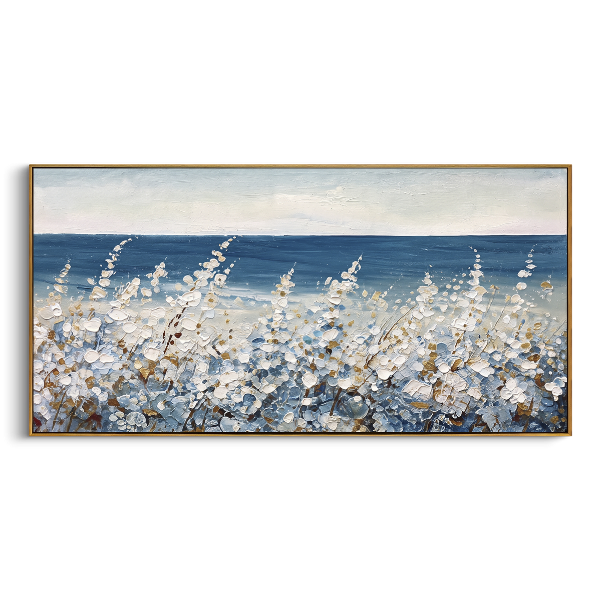 Sea Daisies Horizon focuses on this hand-painted textured canvas features layered water movement, raised seafoam ridges, shoreline texture, and coastal color depth. The composition is described from the actual main image, so the visible subject, color balance, spacing, and surface movement stay specific to this product instead of reading like a batch title. Raised palette-knife layers, sculpted impasto ridges, softened brush transitions, and tactile handmade texture give the canvas dimensional