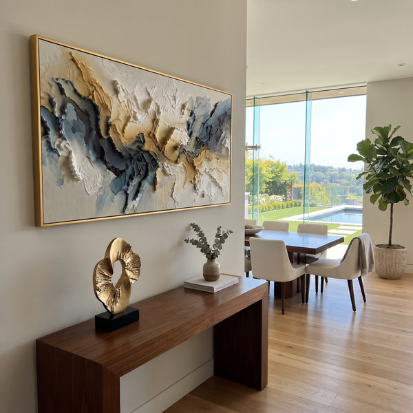 "Black Gold Abstract Ridge Relief" - Modern Heavy Impasto Landscape Artwork | Orange & Black Palette Knife Painting | Luxury Horizontal Wall Art #PT 1908