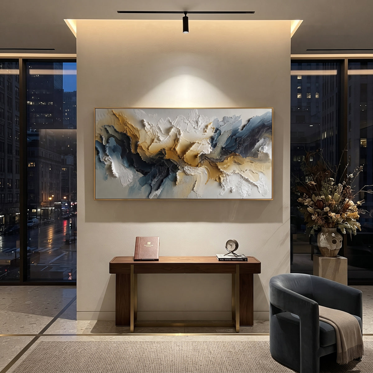 Black Gold Abstract Ridge Relief focuses on this hand-painted textured canvas features layered landforms, mineral color transitions, raised terrain ridges, and atmospheric depth. The composition is described from the actual main image, so the visible subject, color balance, spacing, and surface movement stay specific to this product instead of reading like a batch title. Raised palette-knife layers, sculpted impasto ridges, softened brush transitions, and tactile handmade texture give the canvas