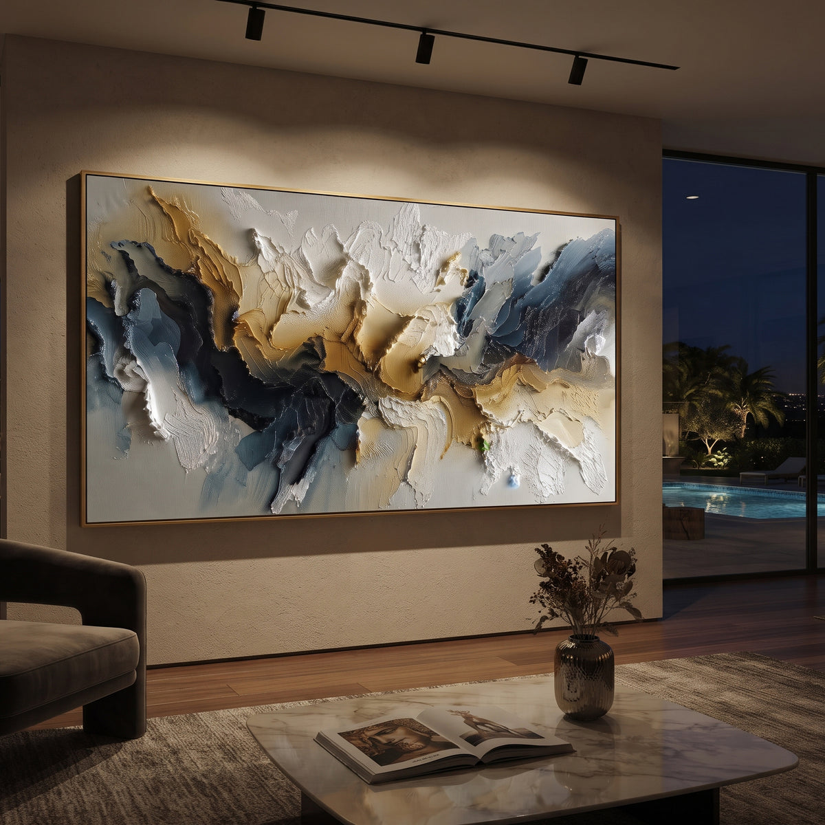 Black Gold Abstract Ridge Relief focuses on this hand-painted textured canvas features layered landforms, mineral color transitions, raised terrain ridges, and atmospheric depth. The composition is described from the actual main image, so the visible subject, color balance, spacing, and surface movement stay specific to this product instead of reading like a batch title. Raised palette-knife layers, sculpted impasto ridges, softened brush transitions, and tactile handmade texture give the canvas