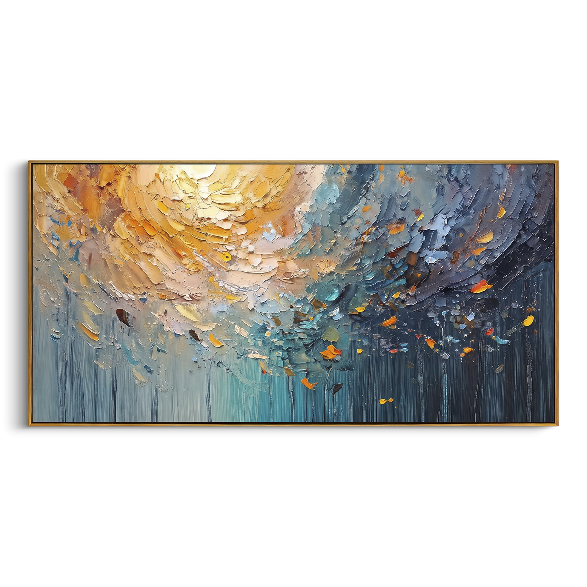 Golden Blue Abstract Canopy focuses on this hand-painted textured canvas features abstract forms, carved edges, layered plaster surfaces, and measured geometric movement. The composition is described from the actual main image, so the visible subject, color balance, spacing, and surface movement stay specific to this product instead of reading like a batch title. Raised palette-knife layers, sculpted impasto ridges, softened brush transitions, and tactile handmade texture give the canvas
