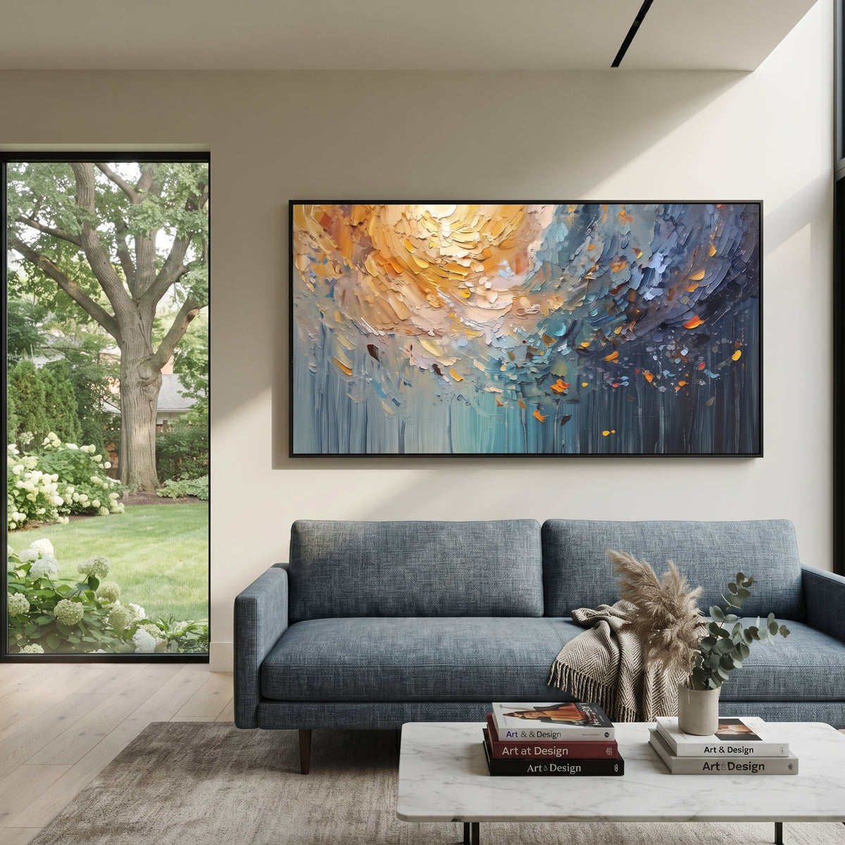 Golden Blue Abstract Canopy focuses on this hand-painted textured canvas features abstract forms, carved edges, layered plaster surfaces, and measured geometric movement. The composition is described from the actual main image, so the visible subject, color balance, spacing, and surface movement stay specific to this product instead of reading like a batch title. Raised palette-knife layers, sculpted impasto ridges, softened brush transitions, and tactile handmade texture give the canvas