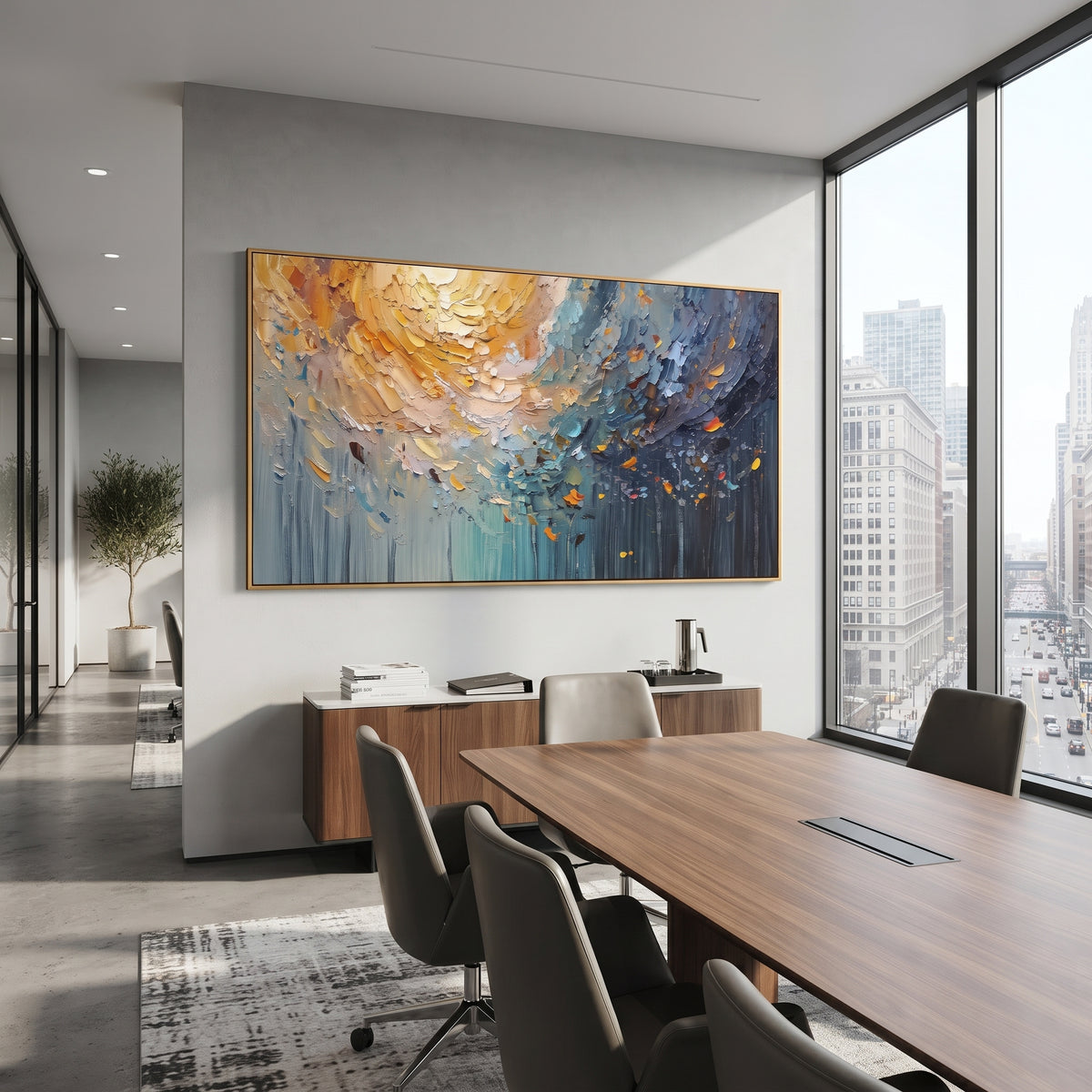 Golden Blue Abstract Canopy focuses on this hand-painted textured canvas features abstract forms, carved edges, layered plaster surfaces, and measured geometric movement. The composition is described from the actual main image, so the visible subject, color balance, spacing, and surface movement stay specific to this product instead of reading like a batch title. Raised palette-knife layers, sculpted impasto ridges, softened brush transitions, and tactile handmade texture give the canvas