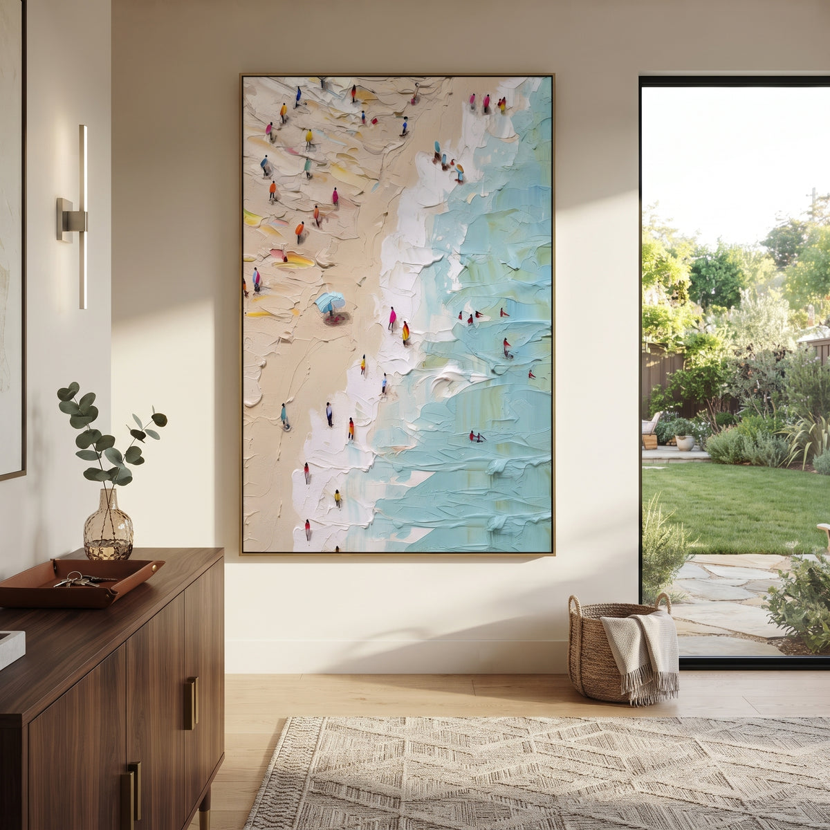 Aerial Beach Crowd focuses on this hand-painted textured canvas features layered water movement, raised seafoam ridges, shoreline texture, and coastal color depth. The composition is described from the actual main image, so the visible subject, color balance, spacing, and surface movement stay specific to this product instead of reading like a batch title. Raised palette-knife layers, sculpted impasto ridges, softened brush transitions, and tactile handmade texture give the canvas dimensional