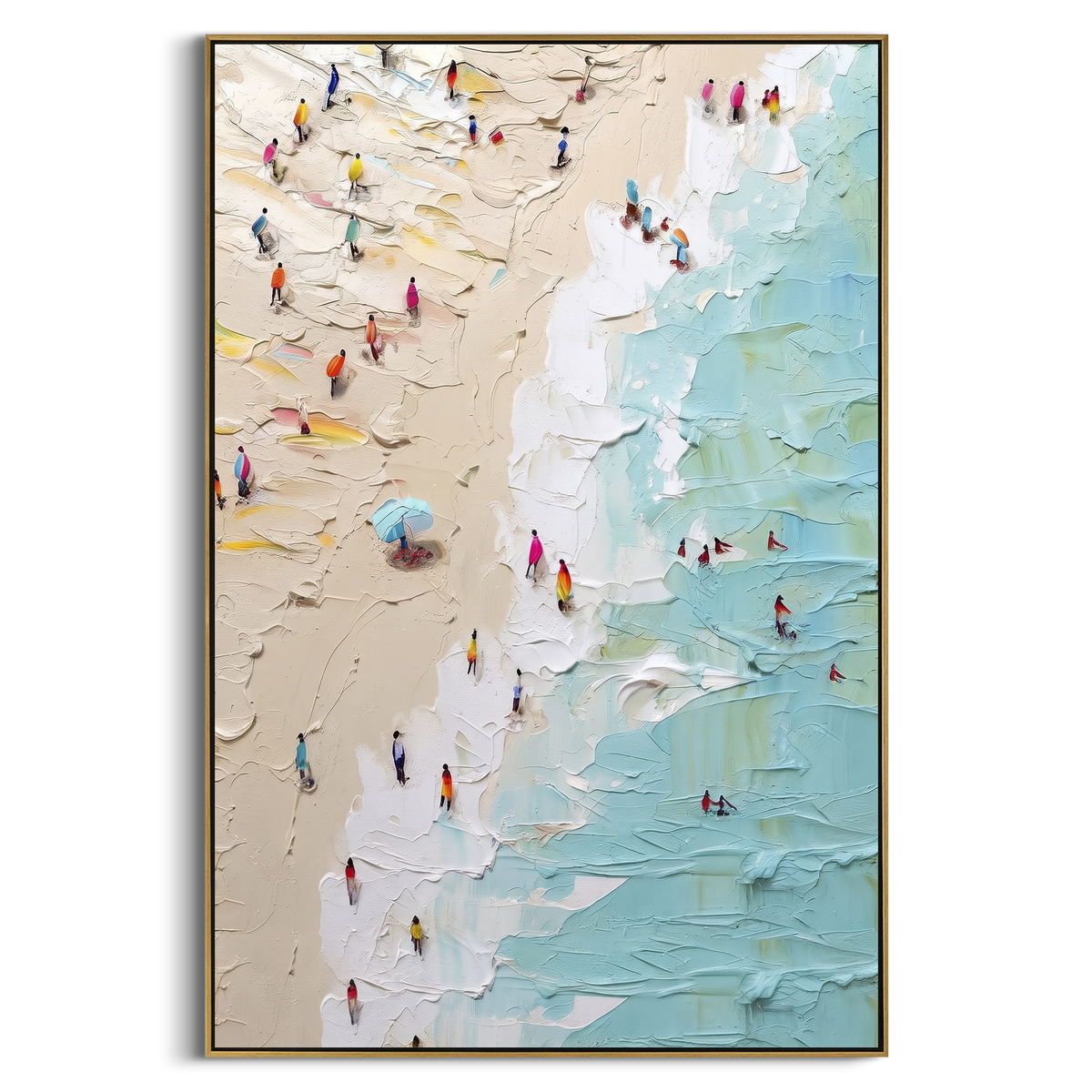 Aerial Beach Crowd focuses on this hand-painted textured canvas features layered water movement, raised seafoam ridges, shoreline texture, and coastal color depth. The composition is described from the actual main image, so the visible subject, color balance, spacing, and surface movement stay specific to this product instead of reading like a batch title. Raised palette-knife layers, sculpted impasto ridges, softened brush transitions, and tactile handmade texture give the canvas dimensional