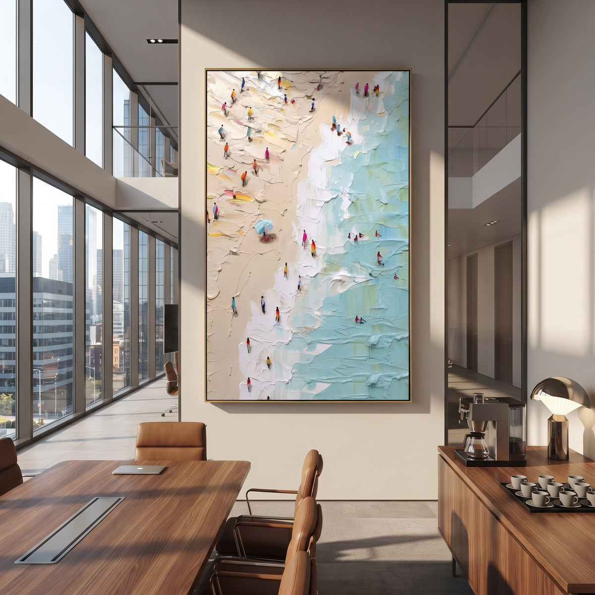 Aerial Beach Crowd focuses on this hand-painted textured canvas features layered water movement, raised seafoam ridges, shoreline texture, and coastal color depth. The composition is described from the actual main image, so the visible subject, color balance, spacing, and surface movement stay specific to this product instead of reading like a batch title. Raised palette-knife layers, sculpted impasto ridges, softened brush transitions, and tactile handmade texture give the canvas dimensional