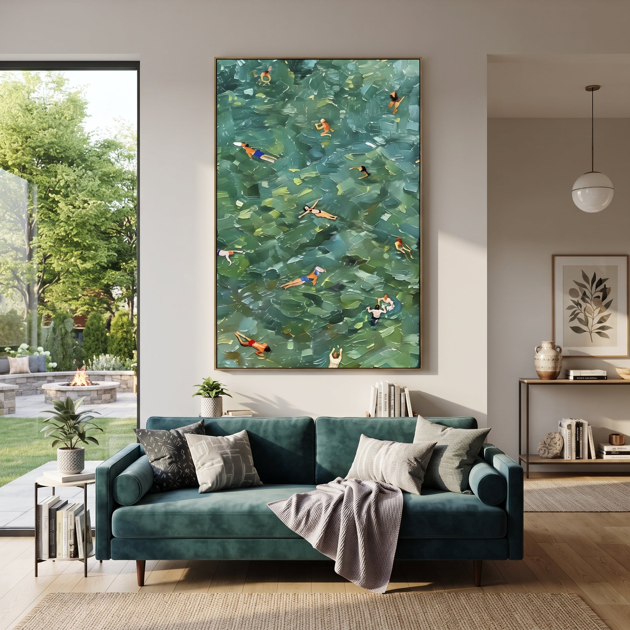 Green Swimmers Pool focuses on this hand-painted textured canvas features layered water movement, raised seafoam ridges, shoreline texture, and coastal color depth. The composition is described from the actual main image, so the visible subject, color balance, spacing, and surface movement stay specific to this product instead of reading like a batch title. Raised palette-knife layers, sculpted impasto ridges, softened brush transitions, and tactile handmade texture give the canvas dimensional