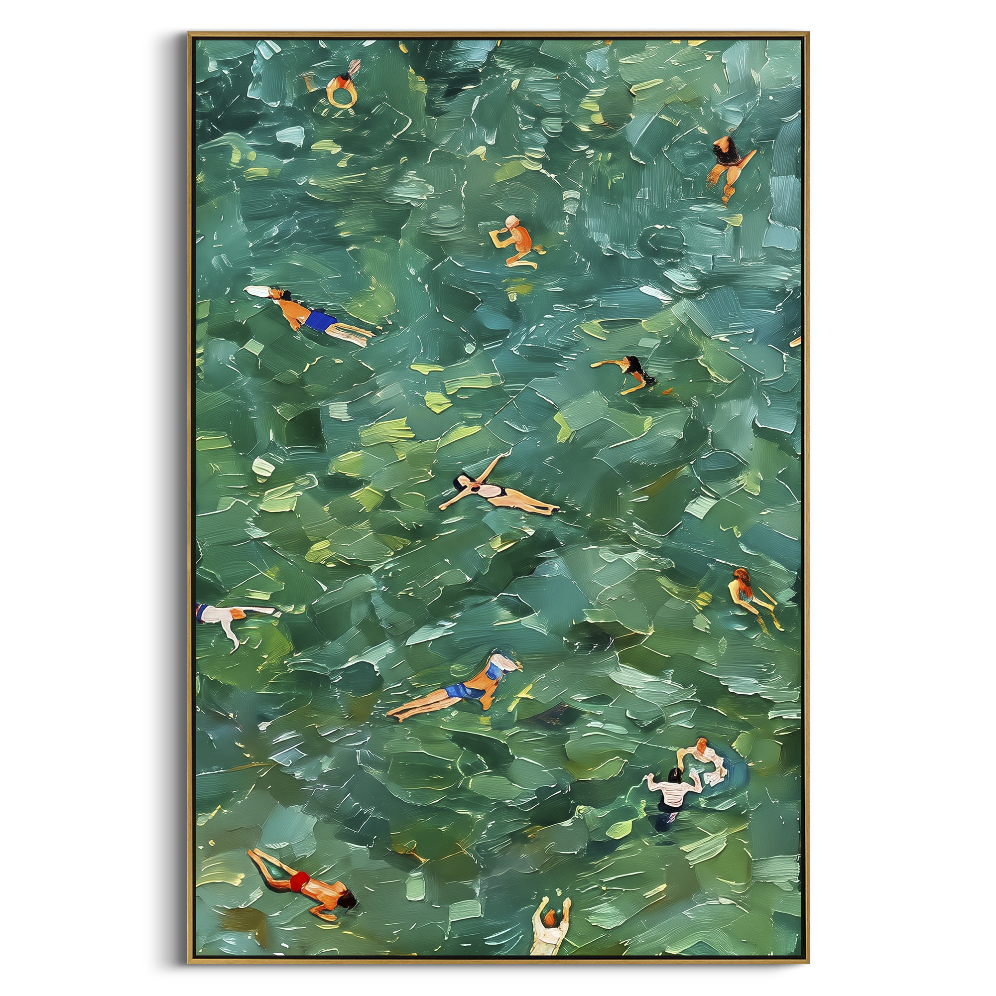 Green Swimmers Pool focuses on this hand-painted textured canvas features layered water movement, raised seafoam ridges, shoreline texture, and coastal color depth. The composition is described from the actual main image, so the visible subject, color balance, spacing, and surface movement stay specific to this product instead of reading like a batch title. Raised palette-knife layers, sculpted impasto ridges, softened brush transitions, and tactile handmade texture give the canvas dimensional
