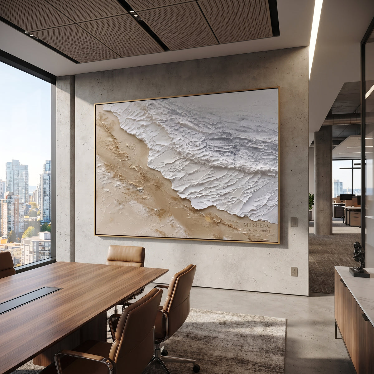 White Sand Wave Relief focuses on this hand-painted textured canvas features layered water movement, raised seafoam ridges, shoreline texture, and coastal color depth. The composition is described from the actual main image, so the visible subject, color balance, spacing, and surface movement stay specific to this product instead of reading like a batch title. Raised palette-knife layers, sculpted impasto ridges, softened brush transitions, and tactile handmade texture give the canvas
