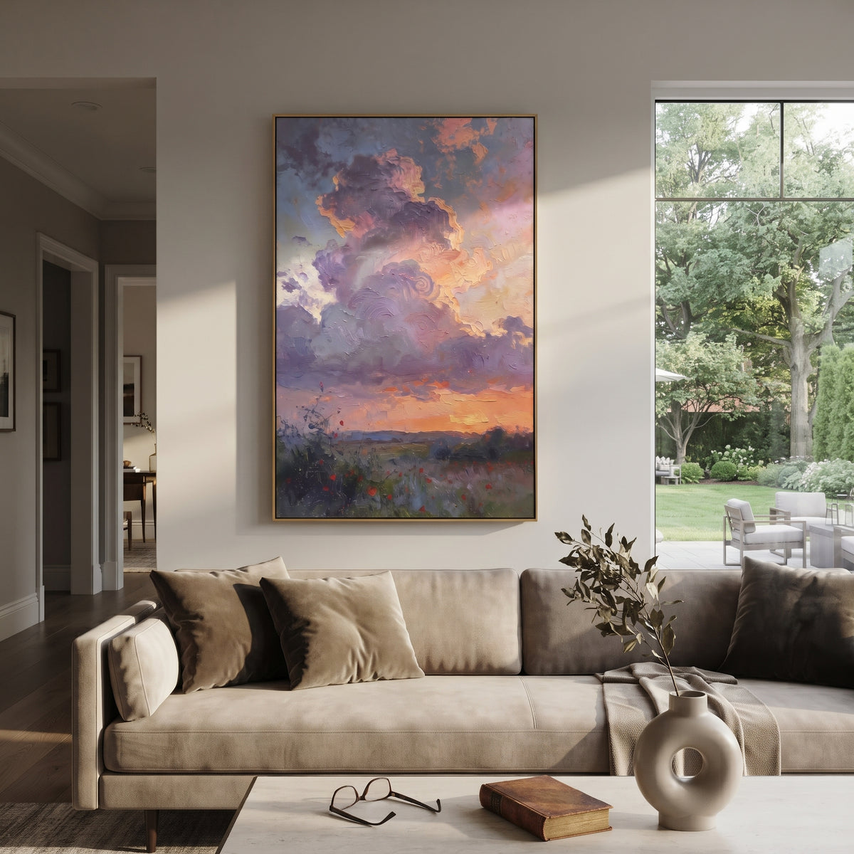 Lavender Sunset Field focuses on this hand-painted textured canvas features layered landforms, mineral color transitions, raised terrain ridges, and atmospheric depth. The composition is described from the actual main image, so the visible subject, color balance, spacing, and surface movement stay specific to this product instead of reading like a batch title. Raised palette-knife layers, sculpted impasto ridges, softened brush transitions, and tactile handmade texture give the canvas