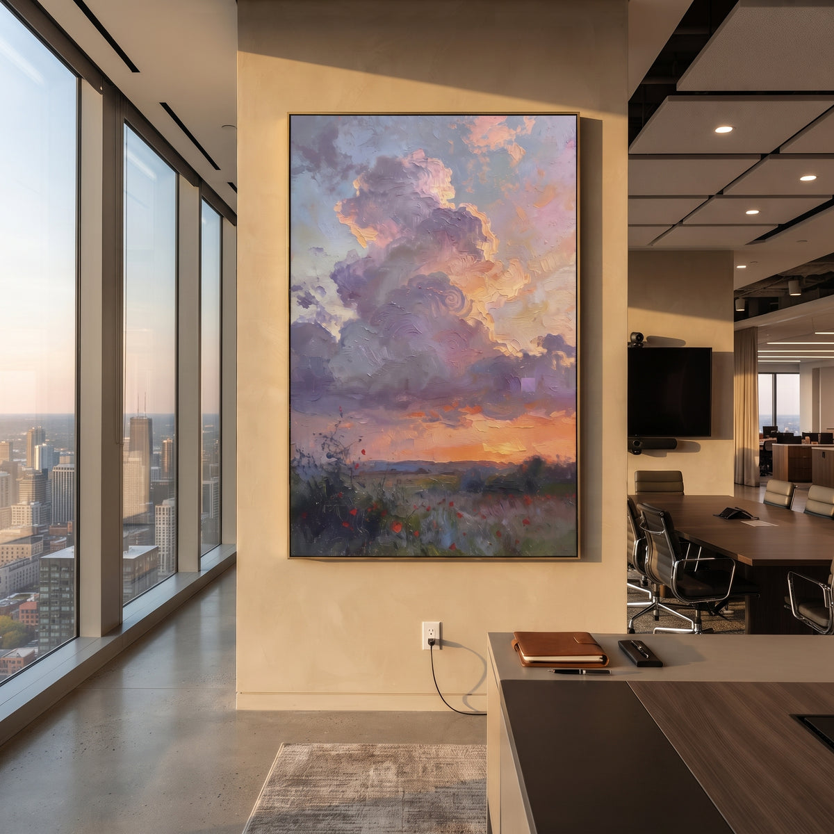 Lavender Sunset Field focuses on this hand-painted textured canvas features layered landforms, mineral color transitions, raised terrain ridges, and atmospheric depth. The composition is described from the actual main image, so the visible subject, color balance, spacing, and surface movement stay specific to this product instead of reading like a batch title. Raised palette-knife layers, sculpted impasto ridges, softened brush transitions, and tactile handmade texture give the canvas