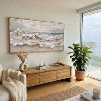 Cream Foamy Shoreline Relief focuses on this hand-painted textured canvas features layered water movement, raised seafoam ridges, shoreline texture, and coastal color depth. The composition is described from the actual main image, so the visible subject, color balance, spacing, and surface movement stay specific to this product instead of reading like a batch title. Raised palette-knife layers, sculpted impasto ridges, softened brush transitions, and tactile handmade texture give the canvas